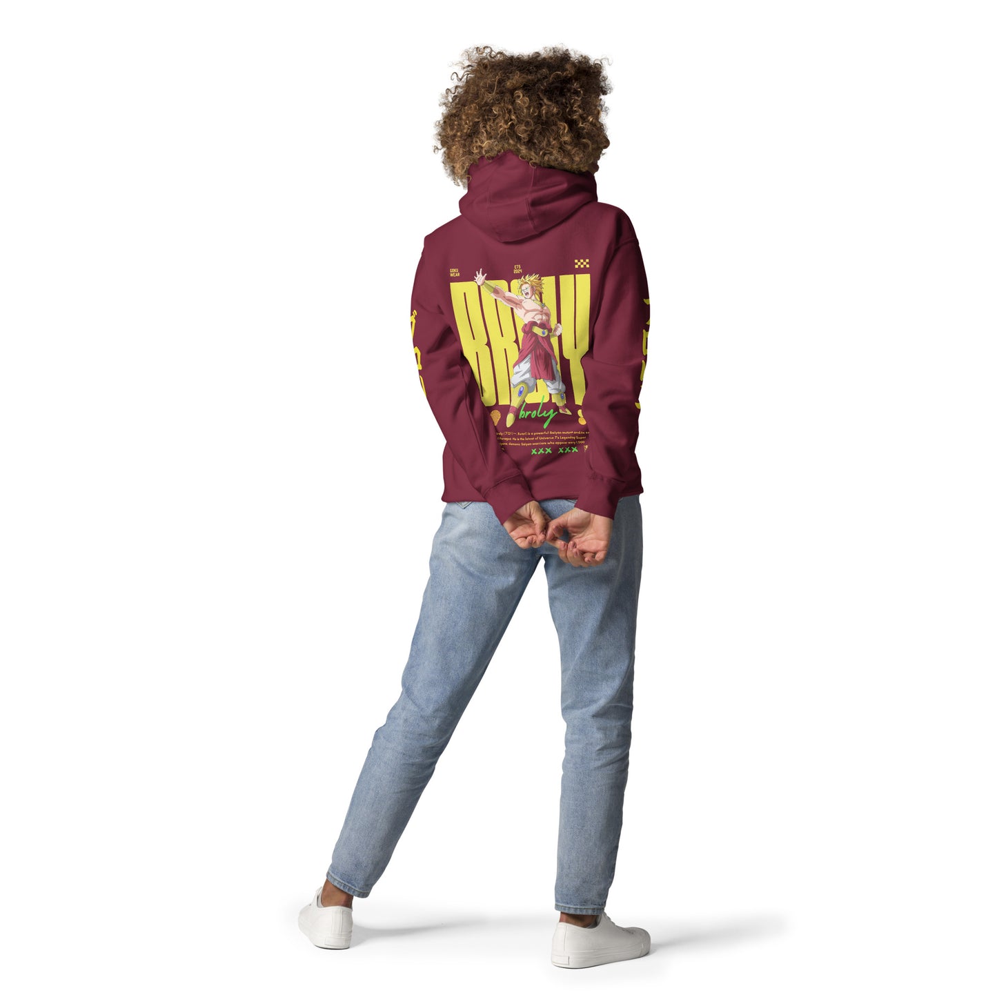 Female wearing Broly Legendary Power Hoodie, highlighting anime-themed streetwear style. Showing back side to camera.