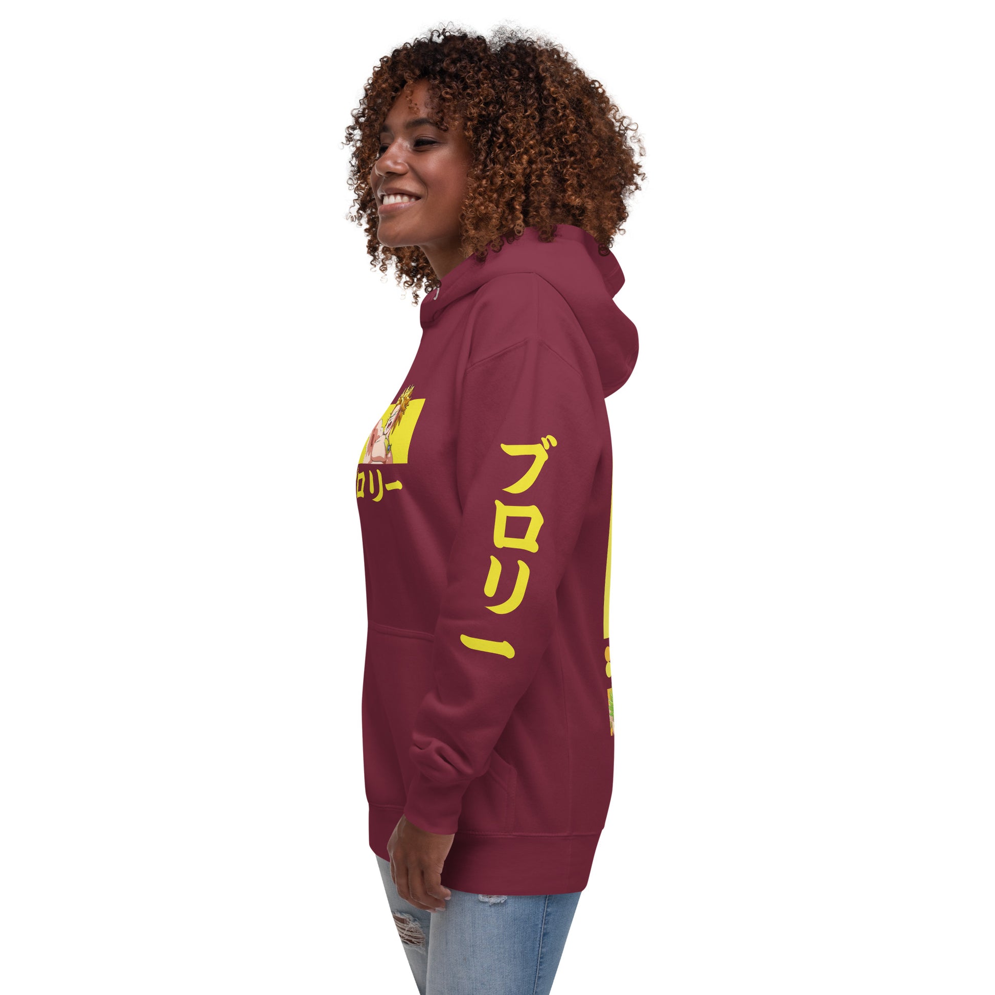 Female wearing Broly Legendary Power Hoodie, highlighting anime-themed streetwear style. Showing left side to the camera.