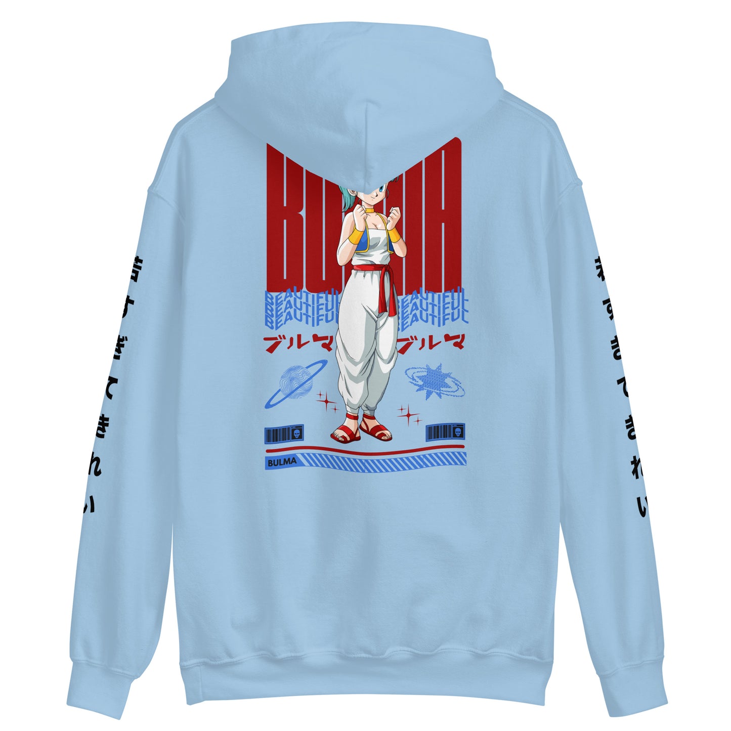 Back view of the Bulma Capsule Corp Blue Hoodie showcasing its sleek design and soft fabric.