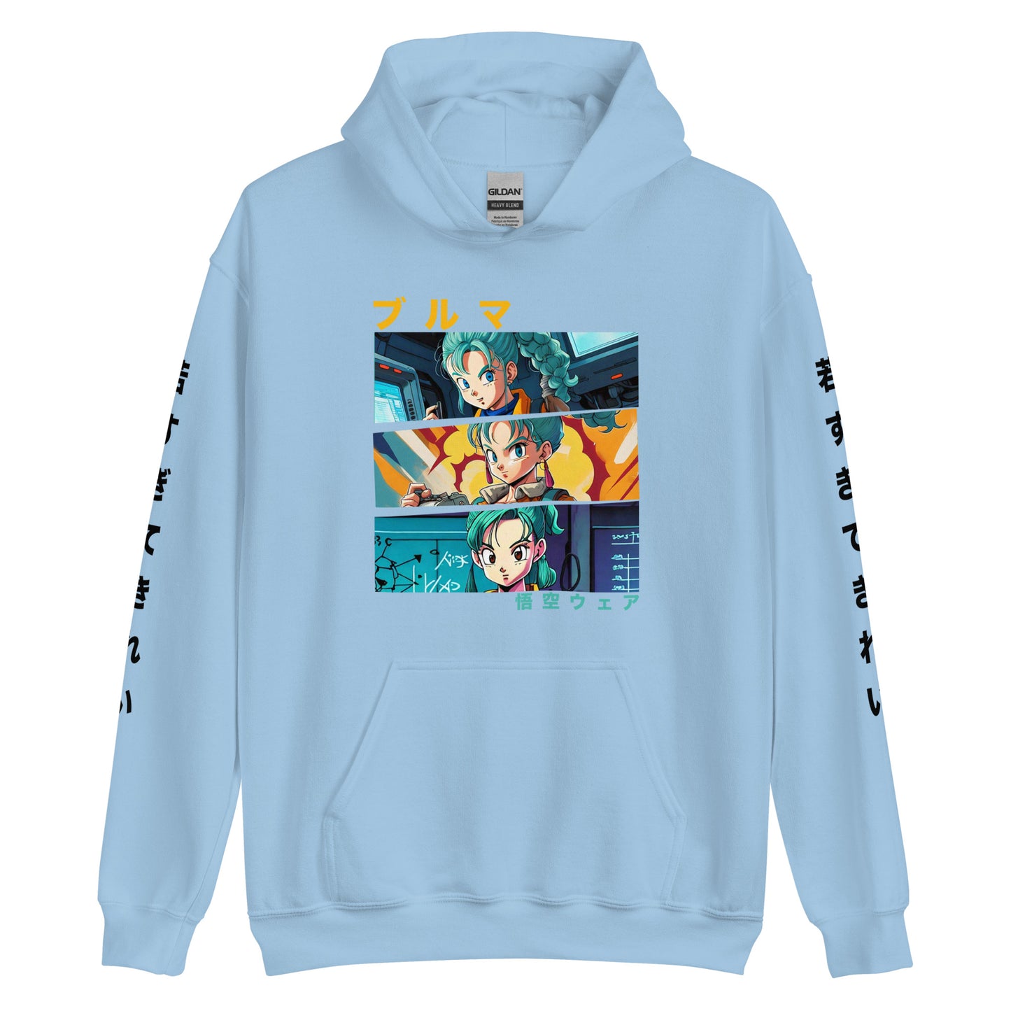 Front view of the Bulma Capsule Corp Blue Hoodie showcasing its sleek design and soft fabric.