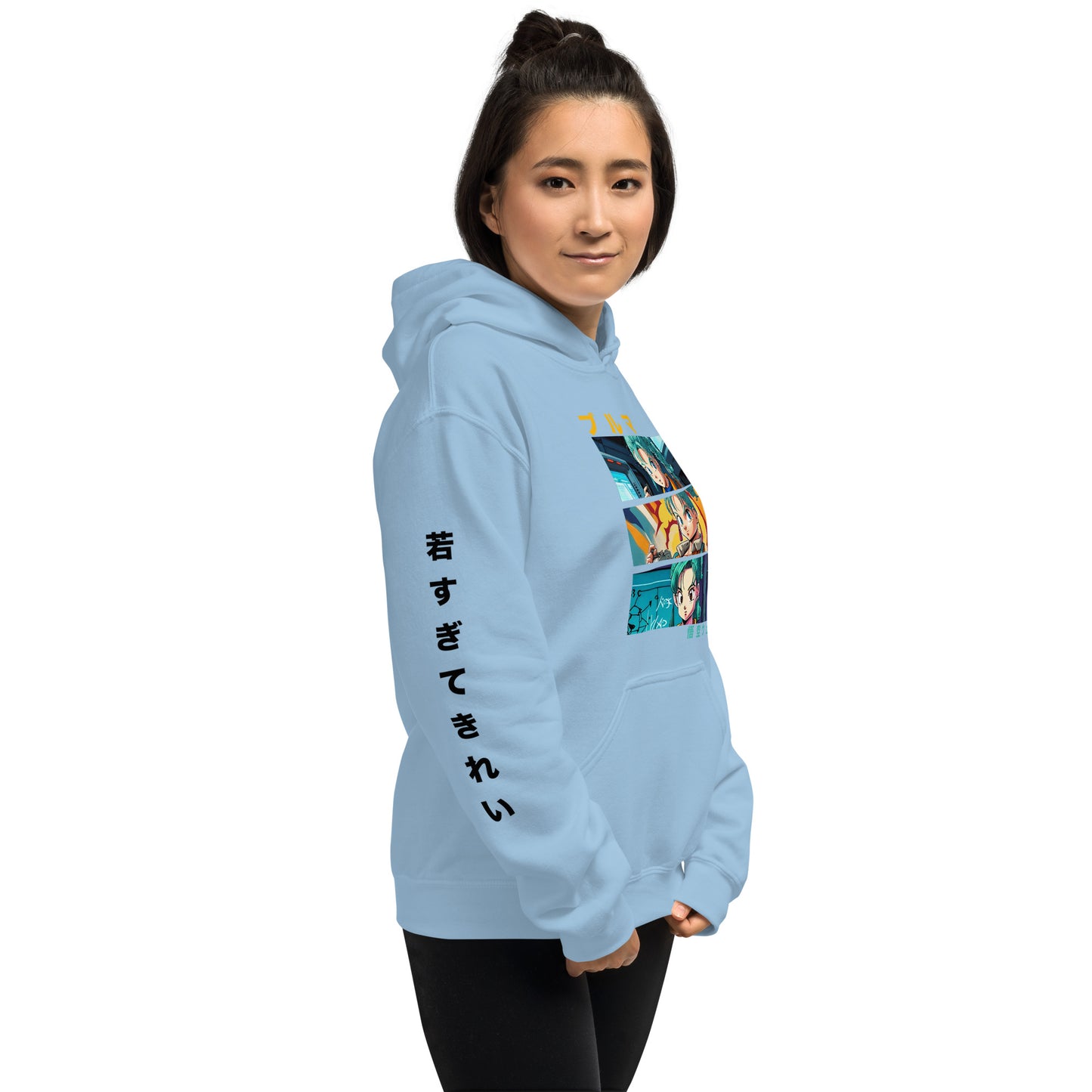 Lifestyle shot of a Dragon Ball fan wearing the blue colour bulma hoodie in a casual setting.