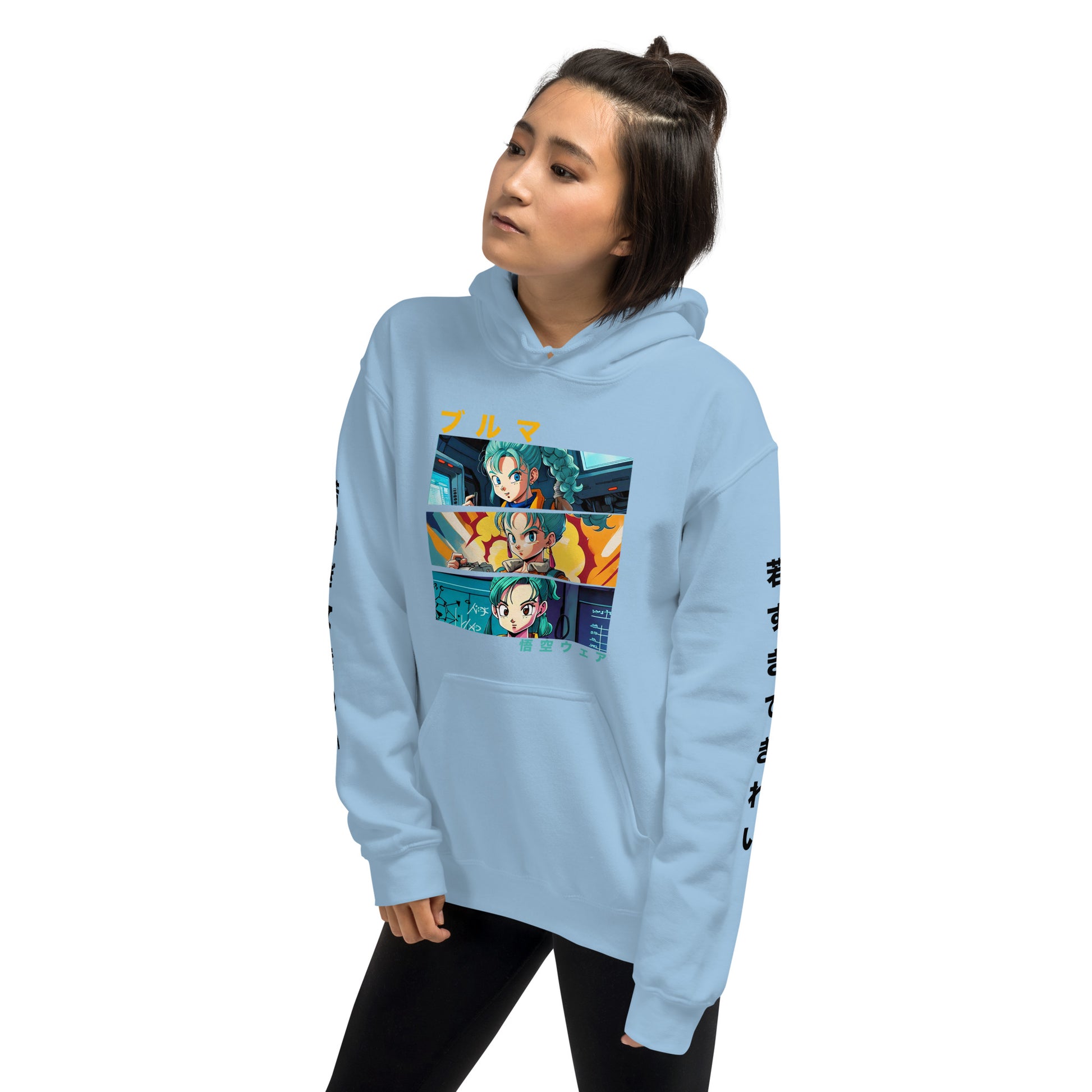 Lifestyle shot of a Dragon Ball fan wearing the bulma blue hoodie in a casual setting.