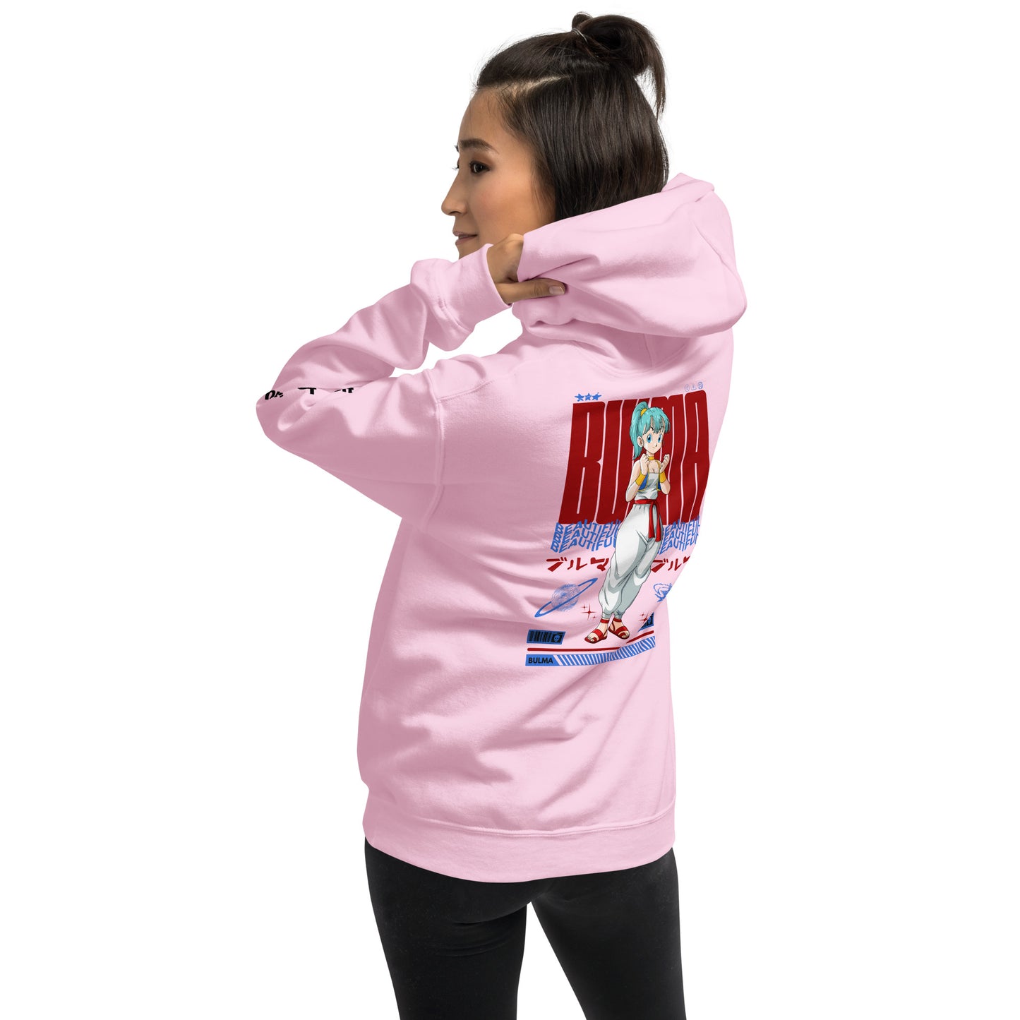 Lifestyle shot of a Dragon Ball fan wearing the bulma pink colour  hoodie in a casual setting.Back Pose 