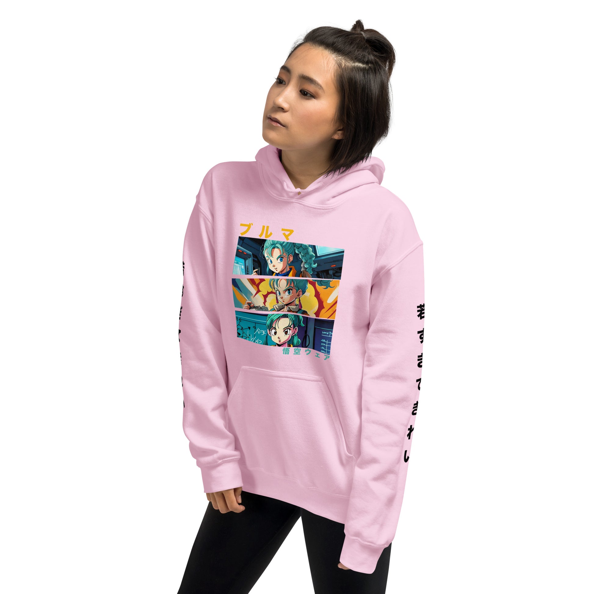 Lifestyle shot of a Dragon Ball fan wearing the bulma pink colour  hoodie in a casual setting. Front Pose 