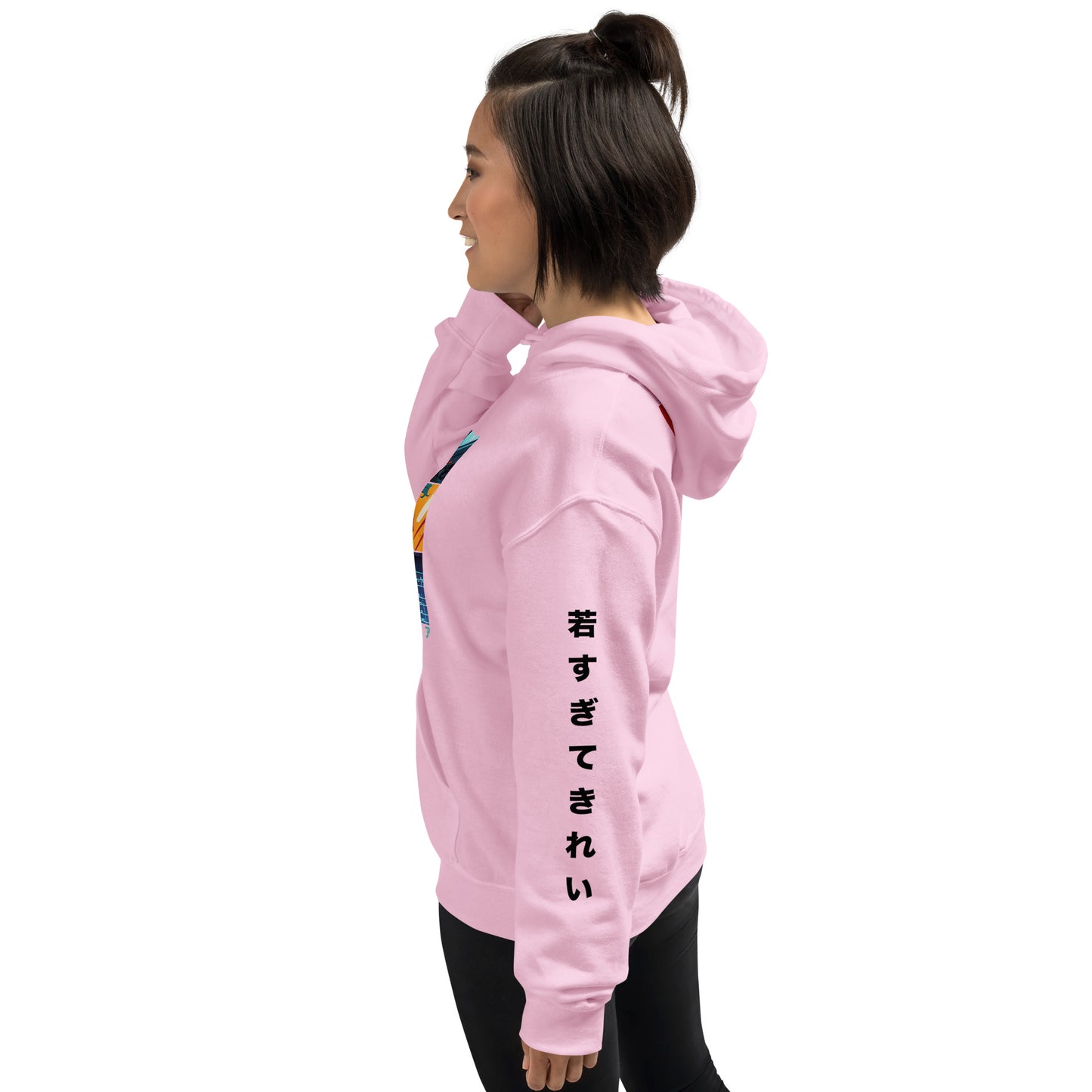 Lifestyle shot of a Dragon Ball fan wearing the bulma pink colour  hoodie in a casual setting. Right Pose 