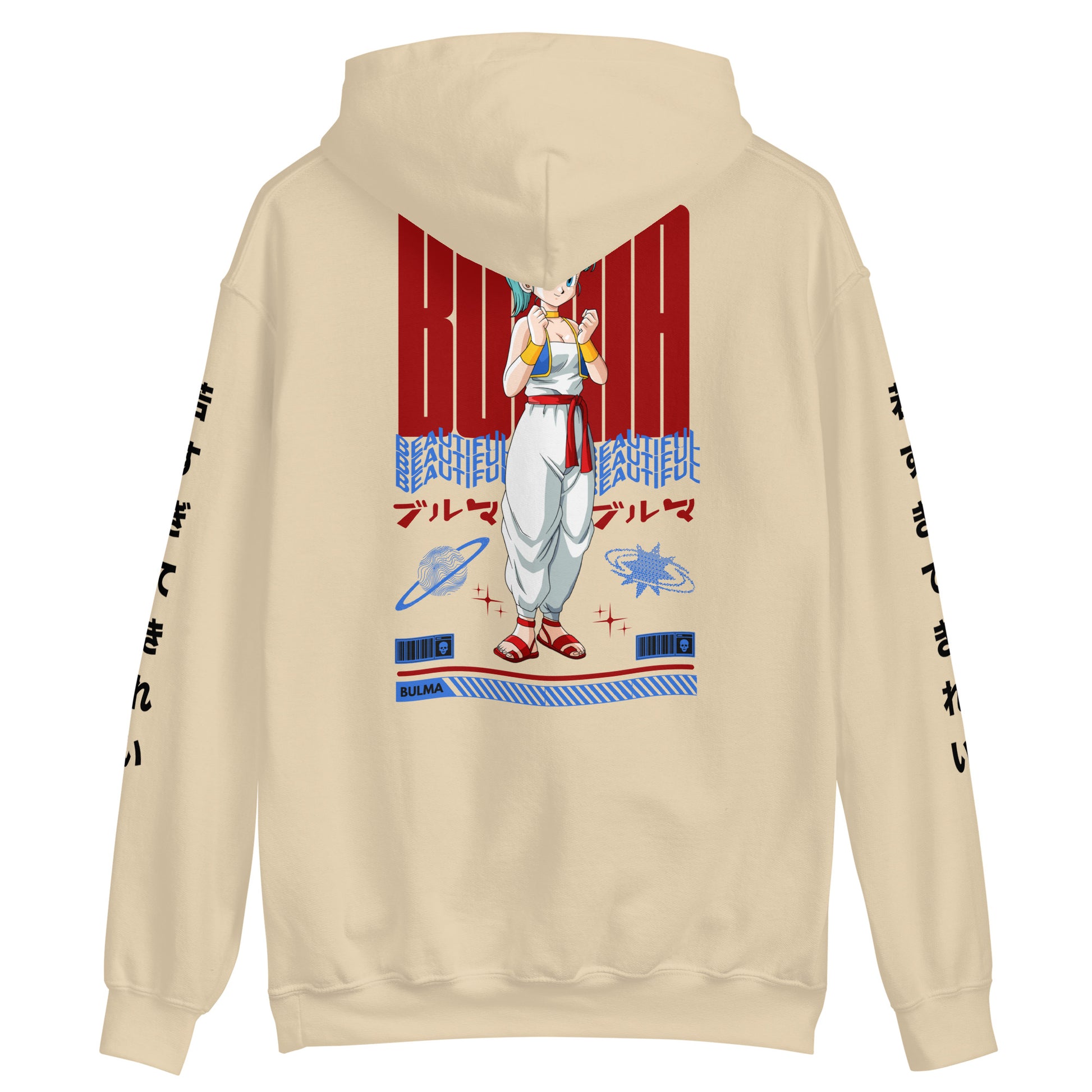 Back view of the Bulma Capsule Corp Sand Colour Hoodie showcasing its sleek design and soft fabric.