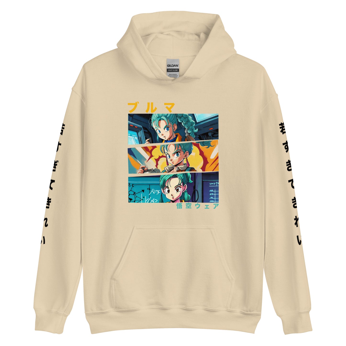 Front view of the Bulma Capsule Corp Sand Colour Hoodie showcasing its sleek design and soft fabric.