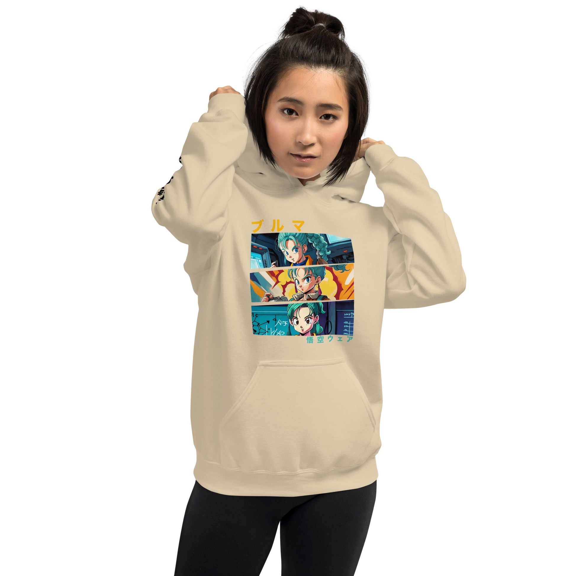 Lifestyle shot of a Dragon Ball fan wearing the bulma sand colour hoodie hoodie in a casual setting. Front Pose 