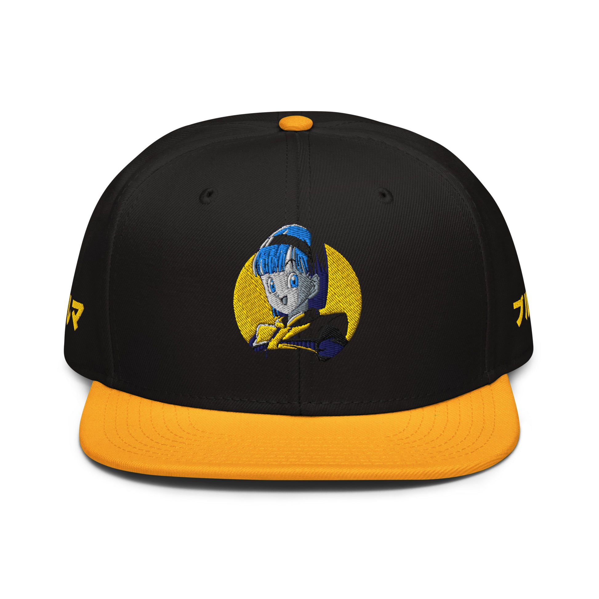 Bulma Snapback Hat with structured 6-panel design and flat visor. Front View 