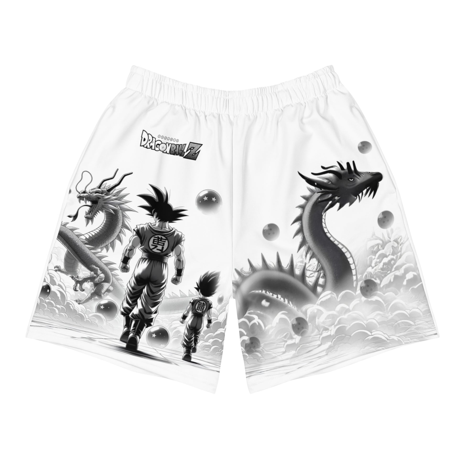 Front view of Dragon Ball Athletic Shorts featuring an elastic waistband, mesh side pockets, and sleek design for maximum comfort and performance.
