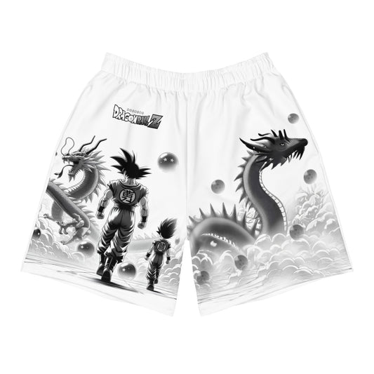 Front view of Dragon Ball Athletic Shorts featuring an elastic waistband, mesh side pockets, and sleek design for maximum comfort and performance.
