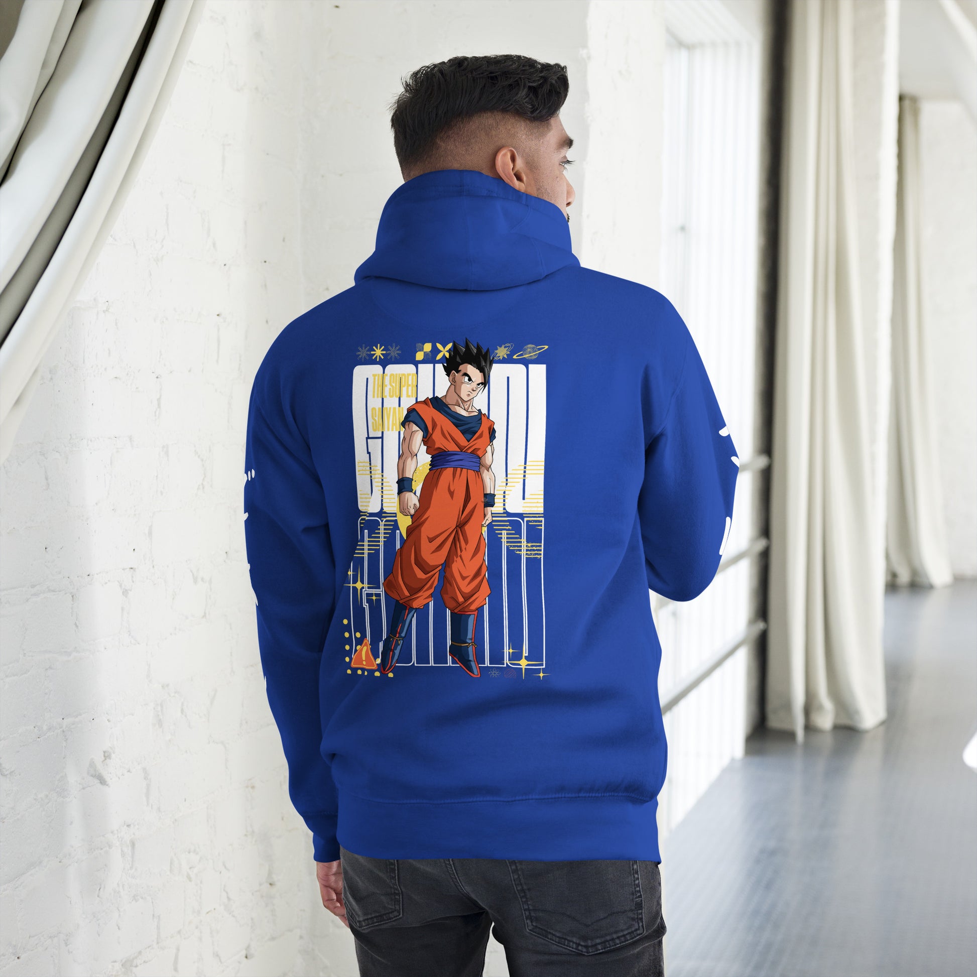 Model wearing the Gohan Potential Hoodie paired with joggers, embodying anime-inspired streetwear style. Back Side