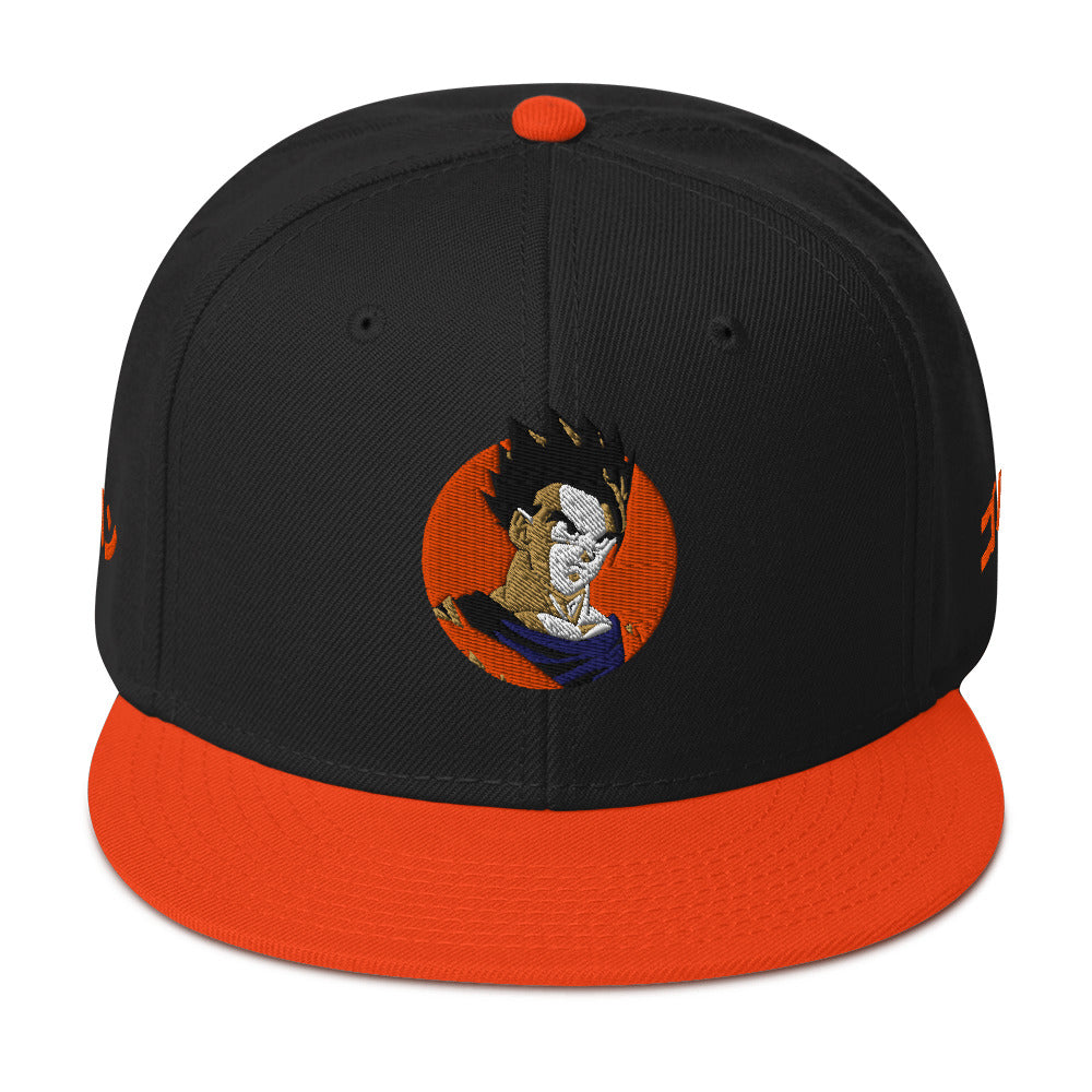 Gohan Snapback Hat with structured high-profile design and flat visor. Front Side 