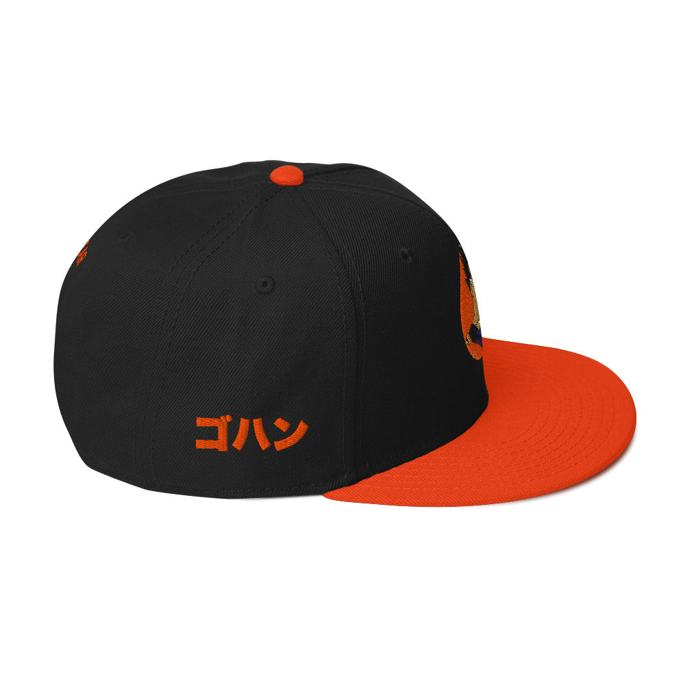 Gohan Snapback Hat with structured high-profile design and flat visor. Right side view 