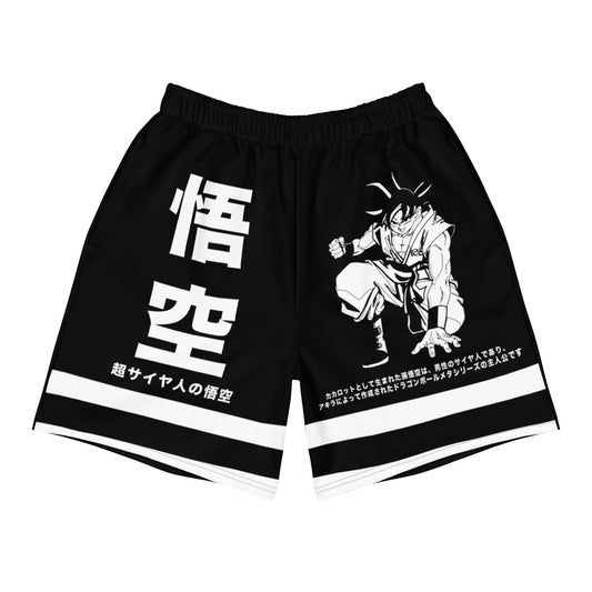 Front view of Goku Athletic Shorts in black, showcasing sleek design with mesh side pockets and an elastic waistband for maximum comfort.