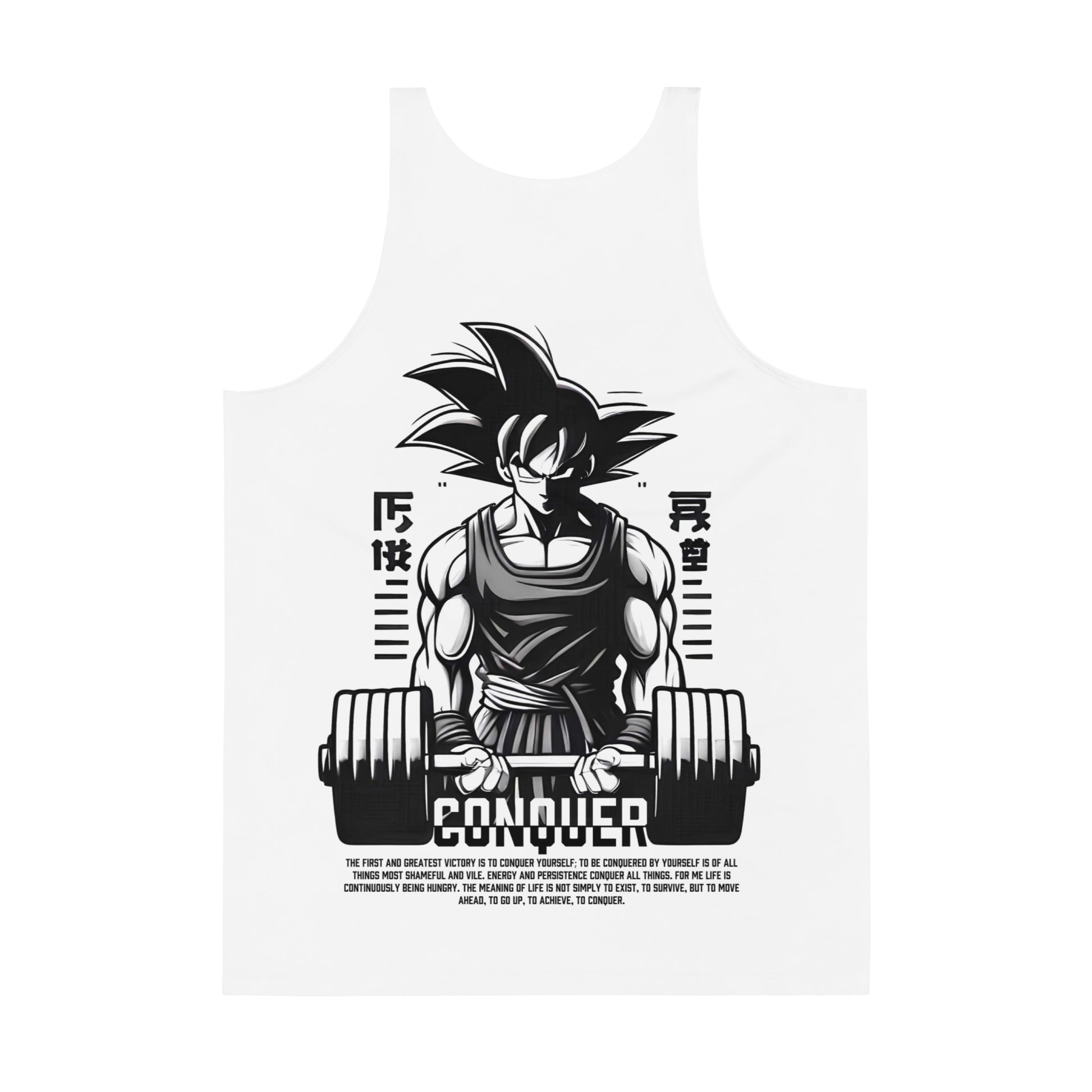 Goku Conquer Tank Top with vibrant colors, relaxed fit, and stretchy fabric for ultimate comfort. Back Side