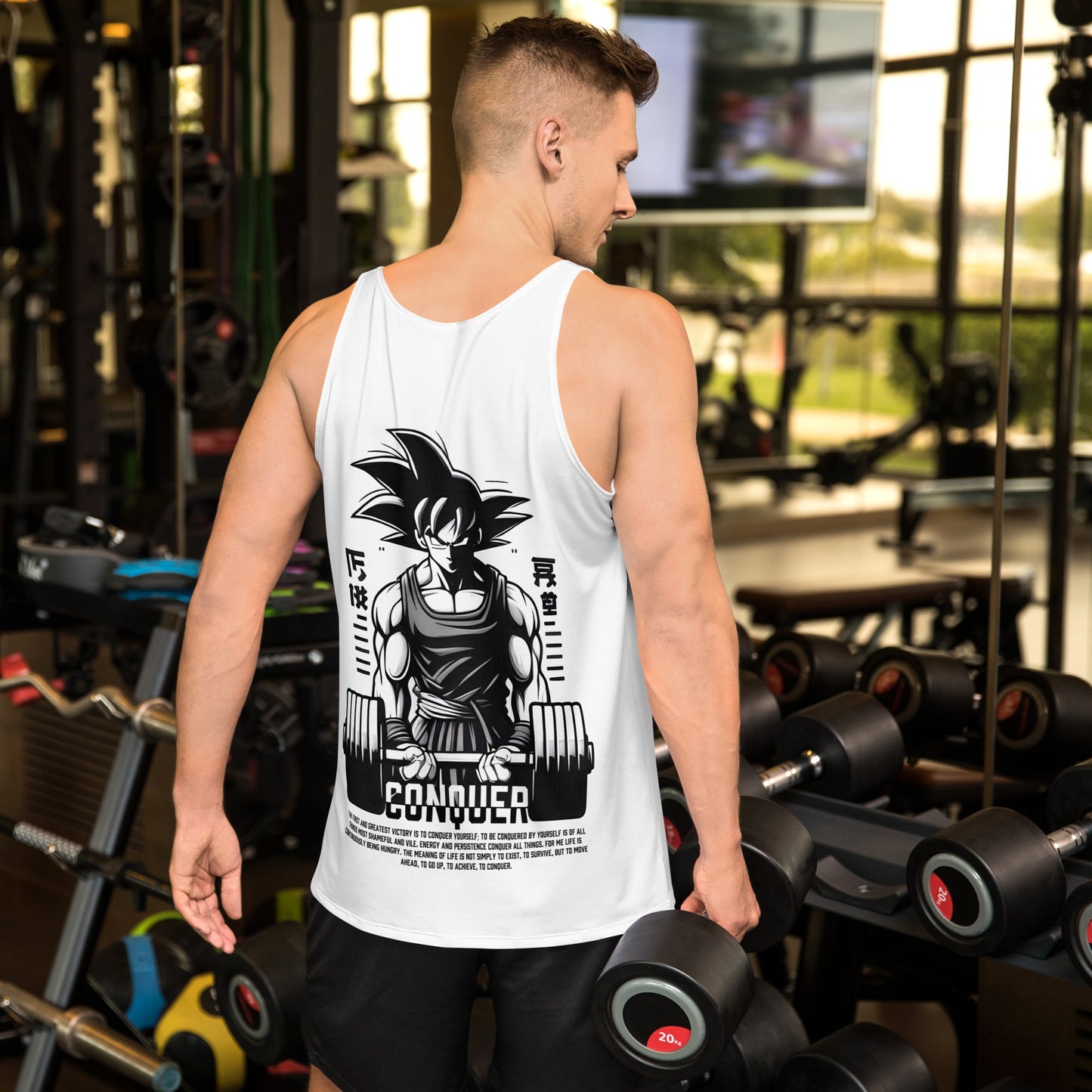 Athlete wearing the Goku Conquer Tank Top during a workout, showcasing its flexible and stylish design. Back Pose 