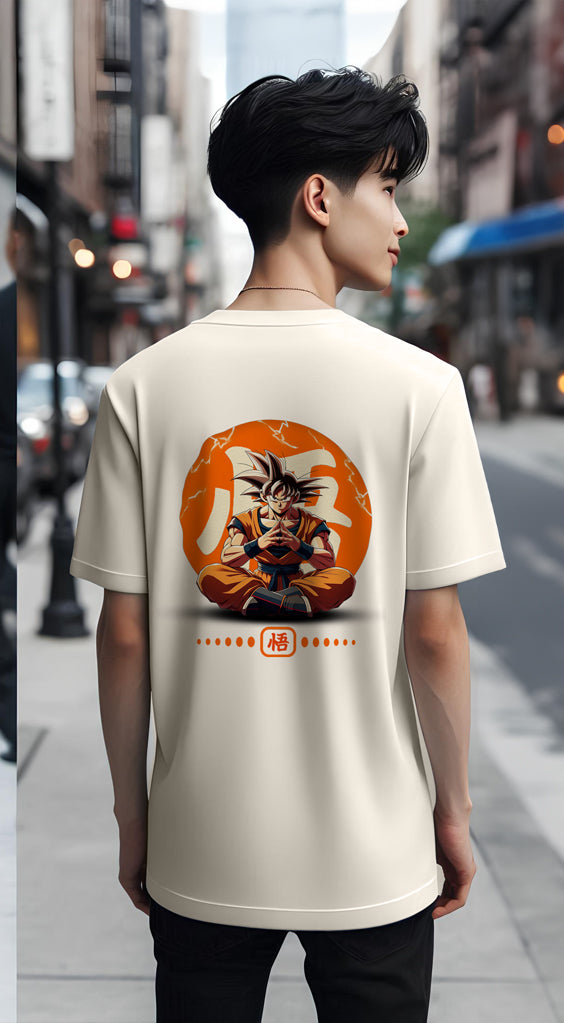 Model wearing the Goku Kanji Short-Sleeve T-Shirt outdoors, exuding comfort and showcasing the unique Kanji design for Dragon Ball enthusiasts. Back Pose 