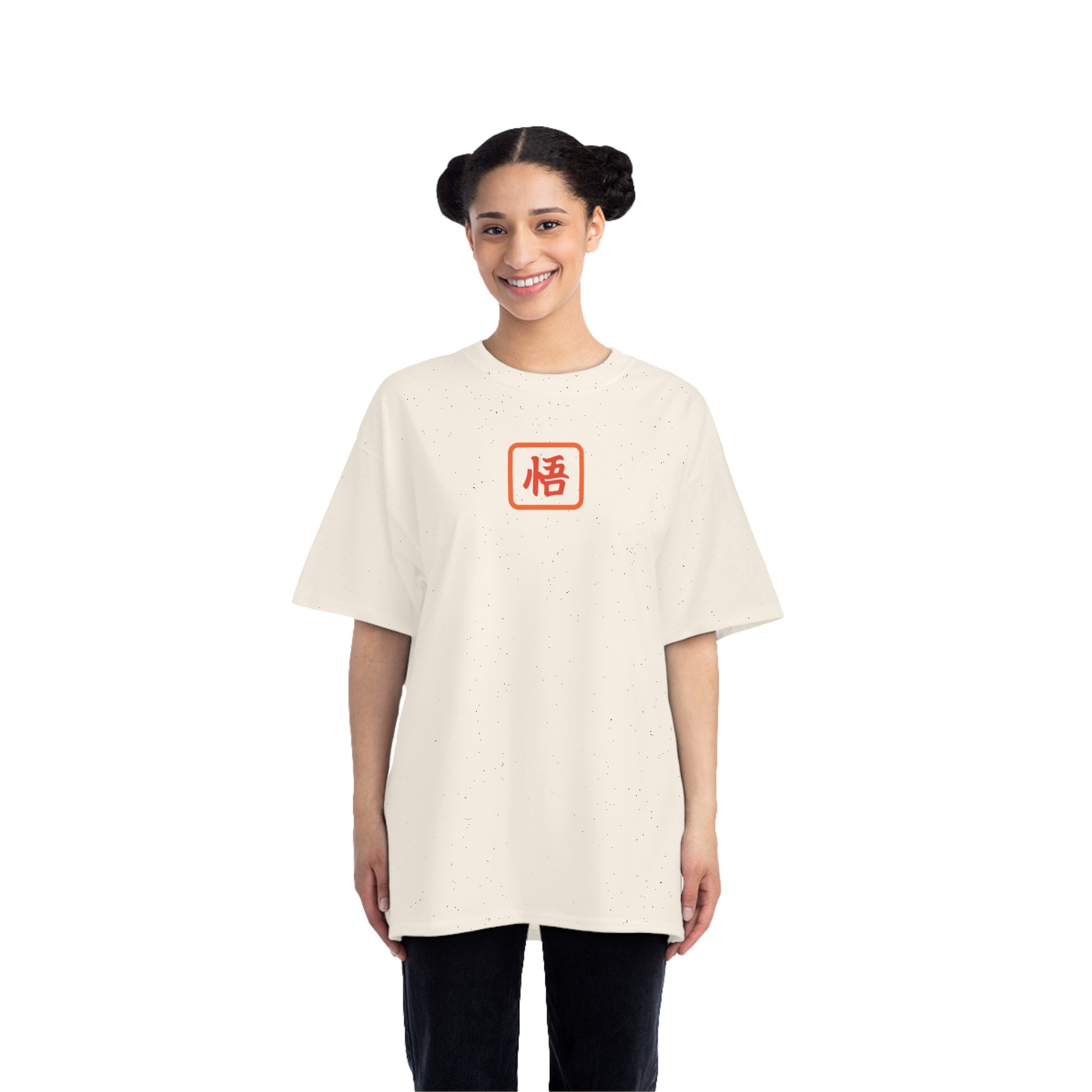 Female Model wearing the Goku Kanji Short-Sleeve T-Shirt outdoors, exuding comfort and showcasing the unique Kanji design for Dragon Ball enthusiasts.
