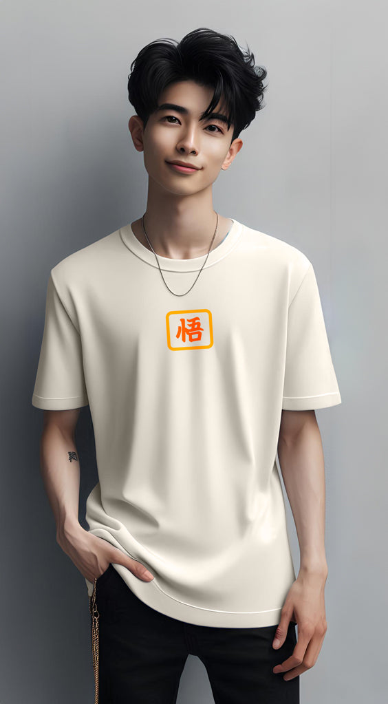 Model wearing the Goku Kanji Short-Sleeve T-Shirt outdoors, exuding comfort and showcasing the unique Kanji design for Dragon Ball enthusiasts.