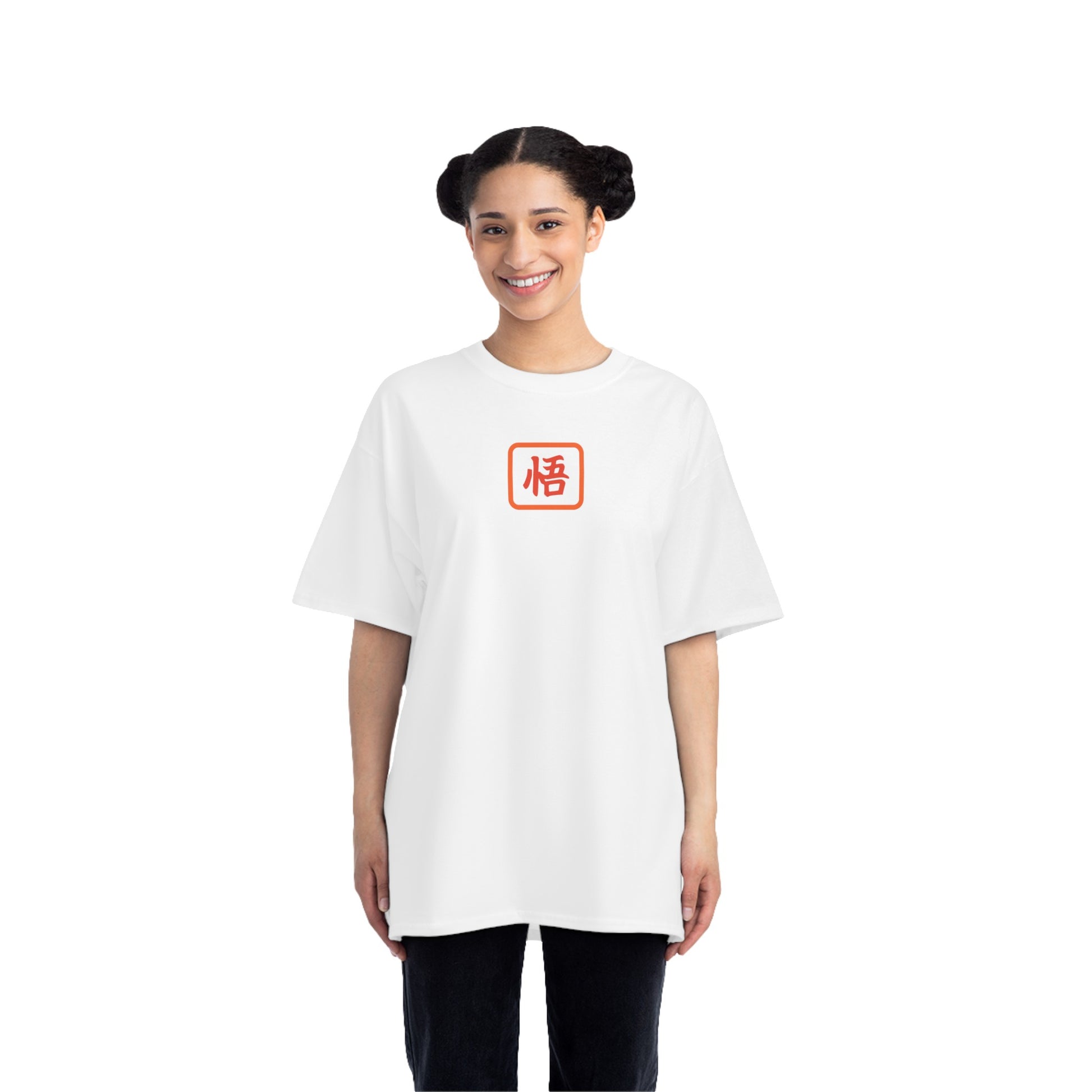 Female Model wearing the Goku Kanji Short-Sleeve White T-Shirt outdoors, exuding comfort and showcasing the unique Kanji design for Dragon Ball enthusiasts.