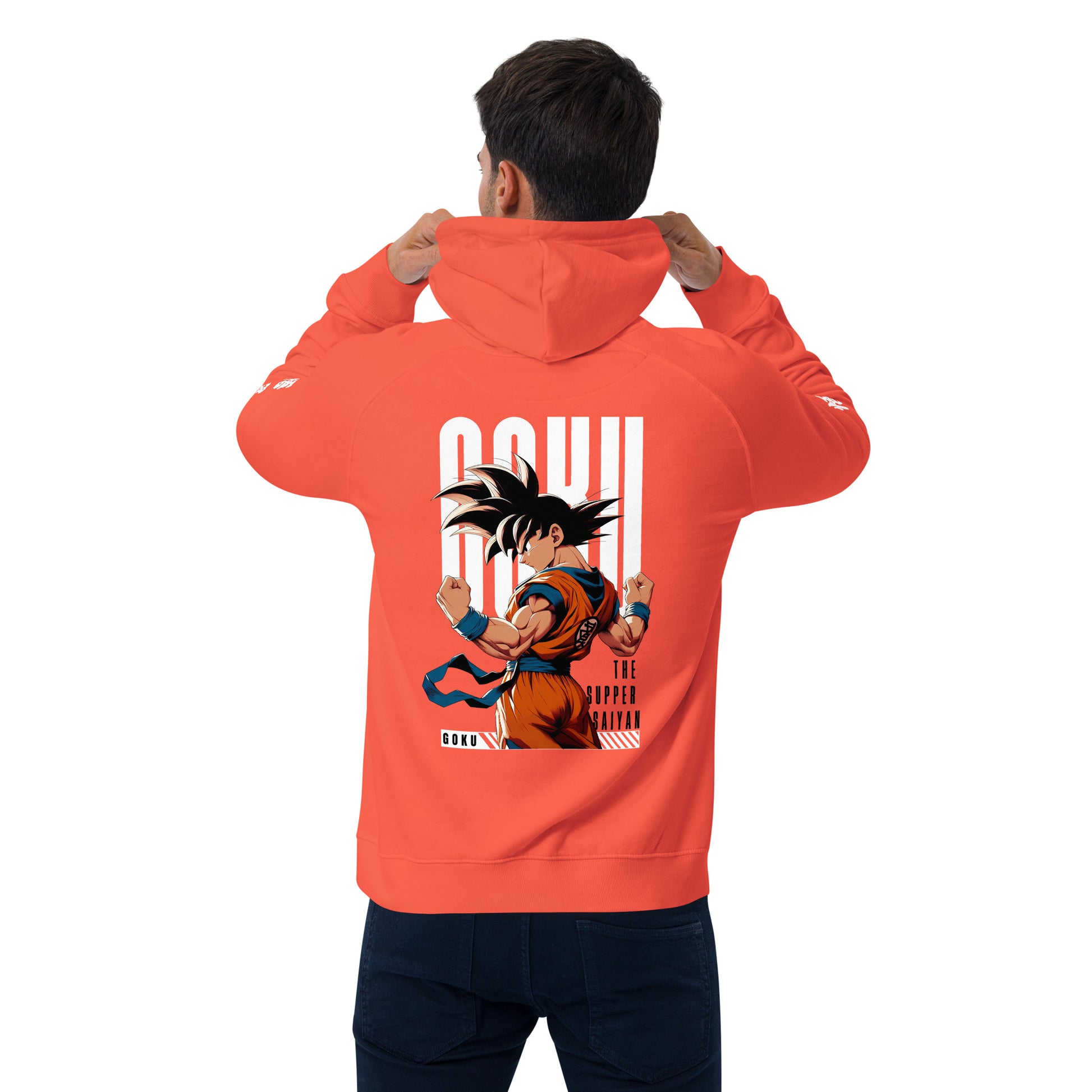 Model wearing the Goku Legacy Themed Hoodie styled with joggers for a casual look, ideal for Dragon Ball fans. Back Pose 