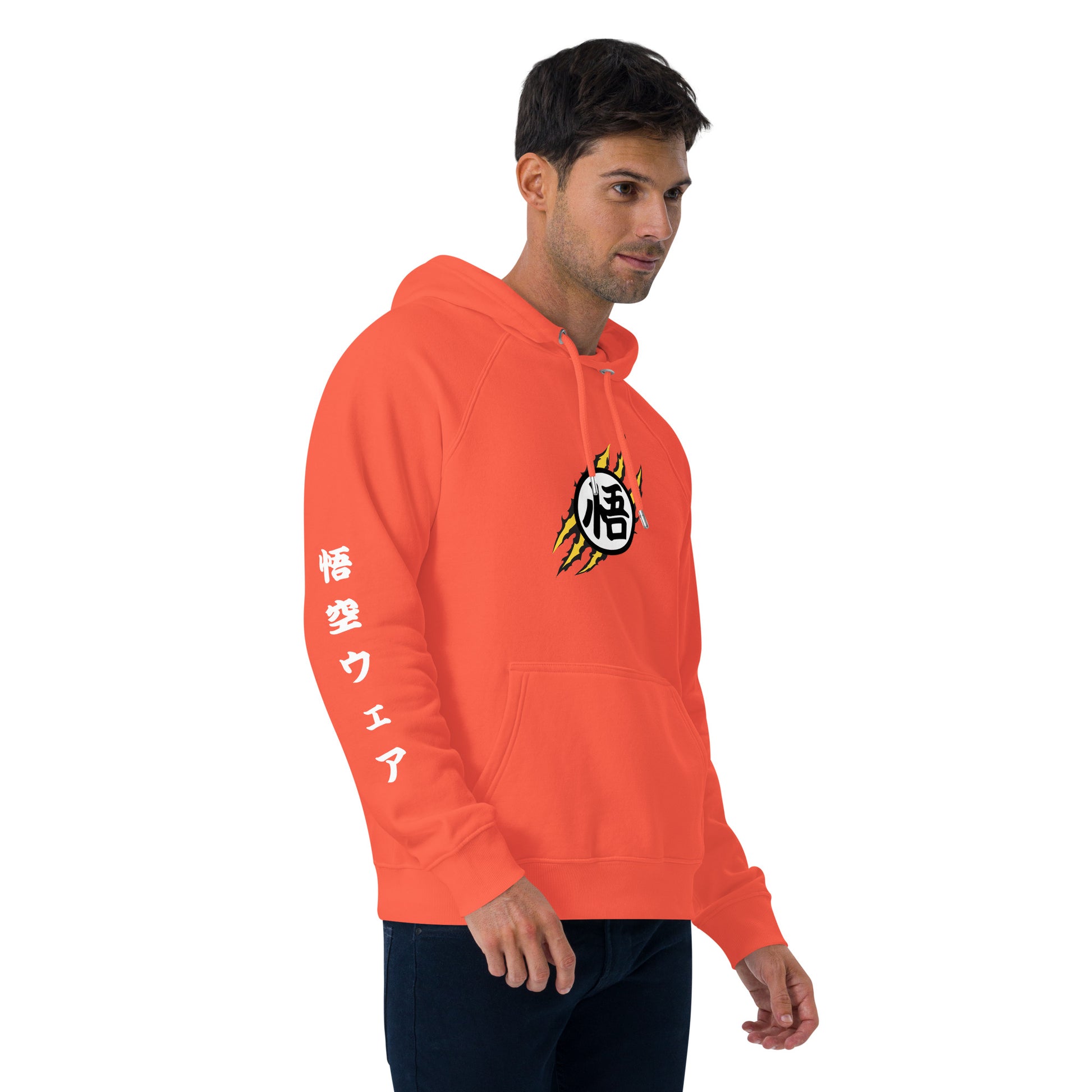 Model wearing the Goku Legacy Themed Hoodie styled with joggers for a casual look, ideal for Dragon Ball fans. Left Side Pose