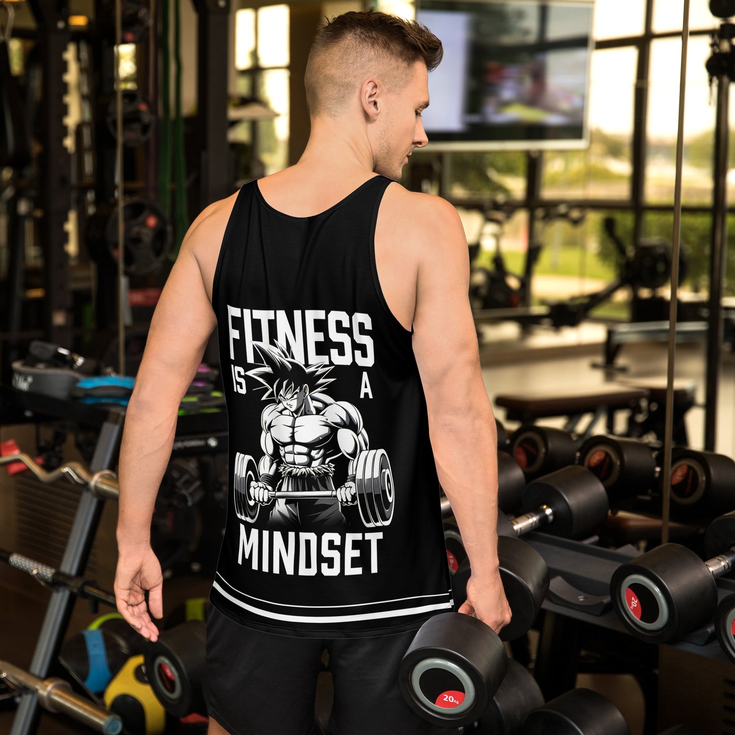 Man wearing the Goku Power-Up Tank Top at the gym, showcasing its sleek design and comfortable fit. Back Pose