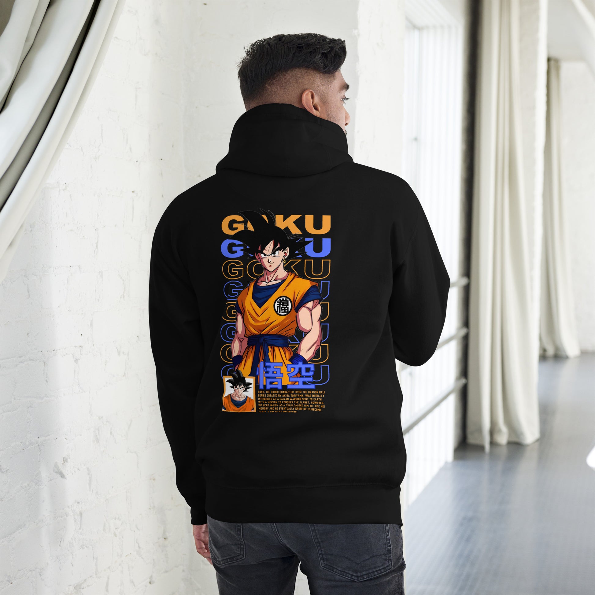 Model wearing the Goku Saiyan Black Hoodie styled casually, perfect for Dragon Ball fans embracing anime-inspired streetwear.