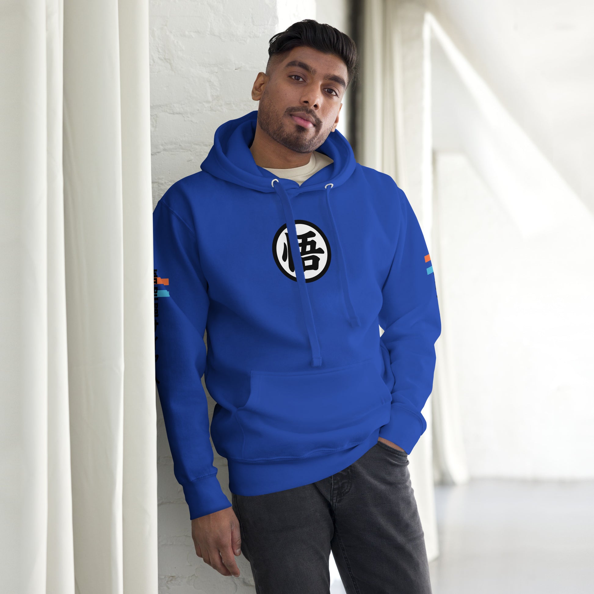 Model wearing the Saiyan Symbol Team Royal Colour Hoodie in a casual outdoor setting, perfect for anime fans and streetwear enthusiasts. Front View 