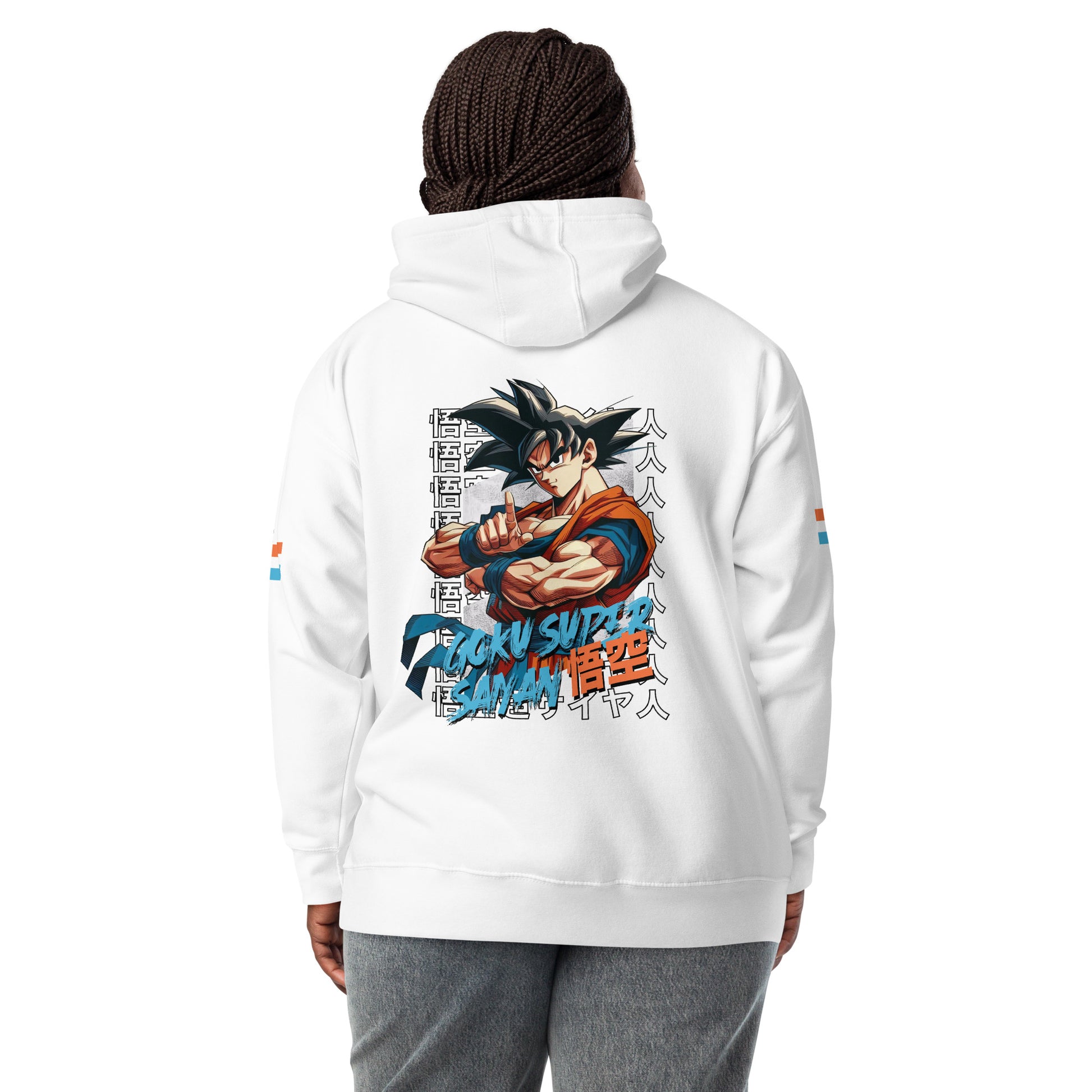 Model wearing the Goku Saiyan Symbol White Hoodie in a casual outdoor setting, perfect for anime fans and streetwear enthusiasts.Back Side 