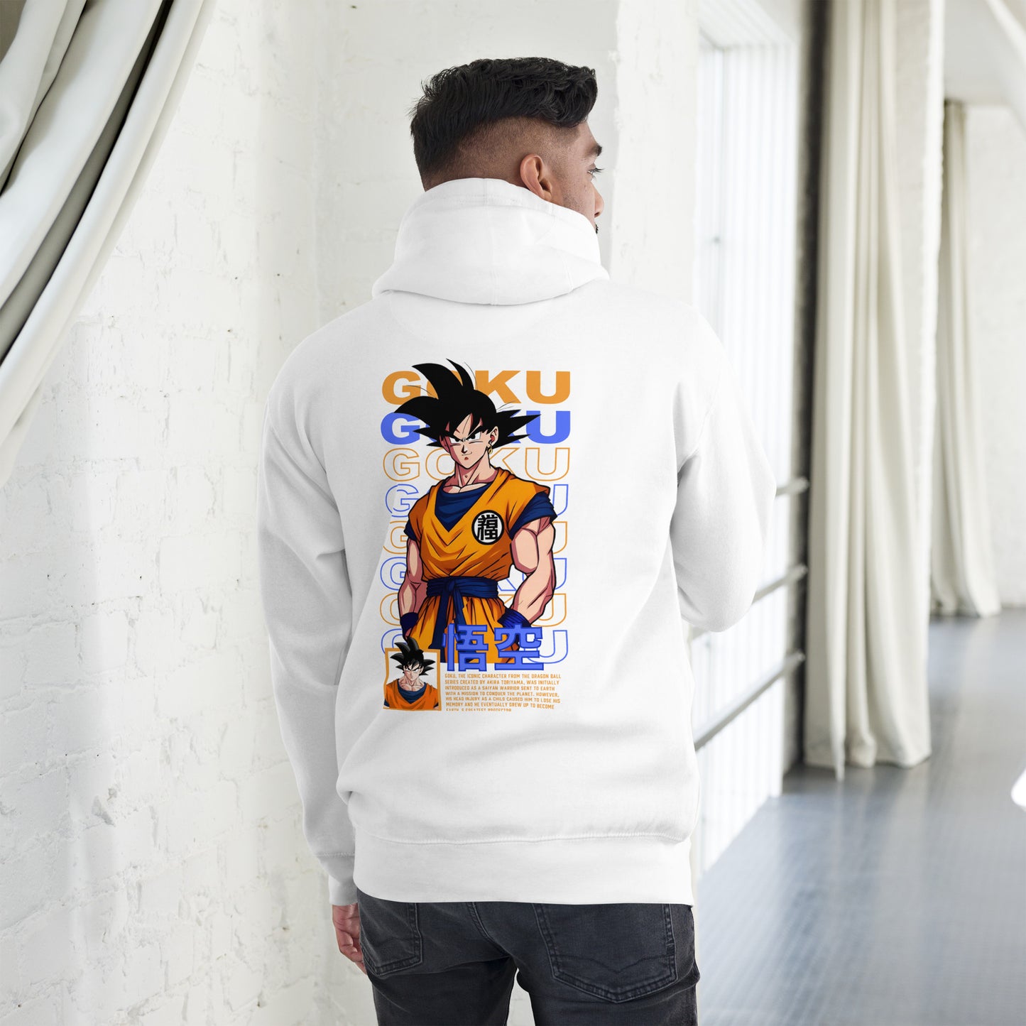 Model wearing the Goku Saiyan White Hoodie styled casually, perfect for Dragon Ball fans embracing anime-inspired streetwear. Back Pose