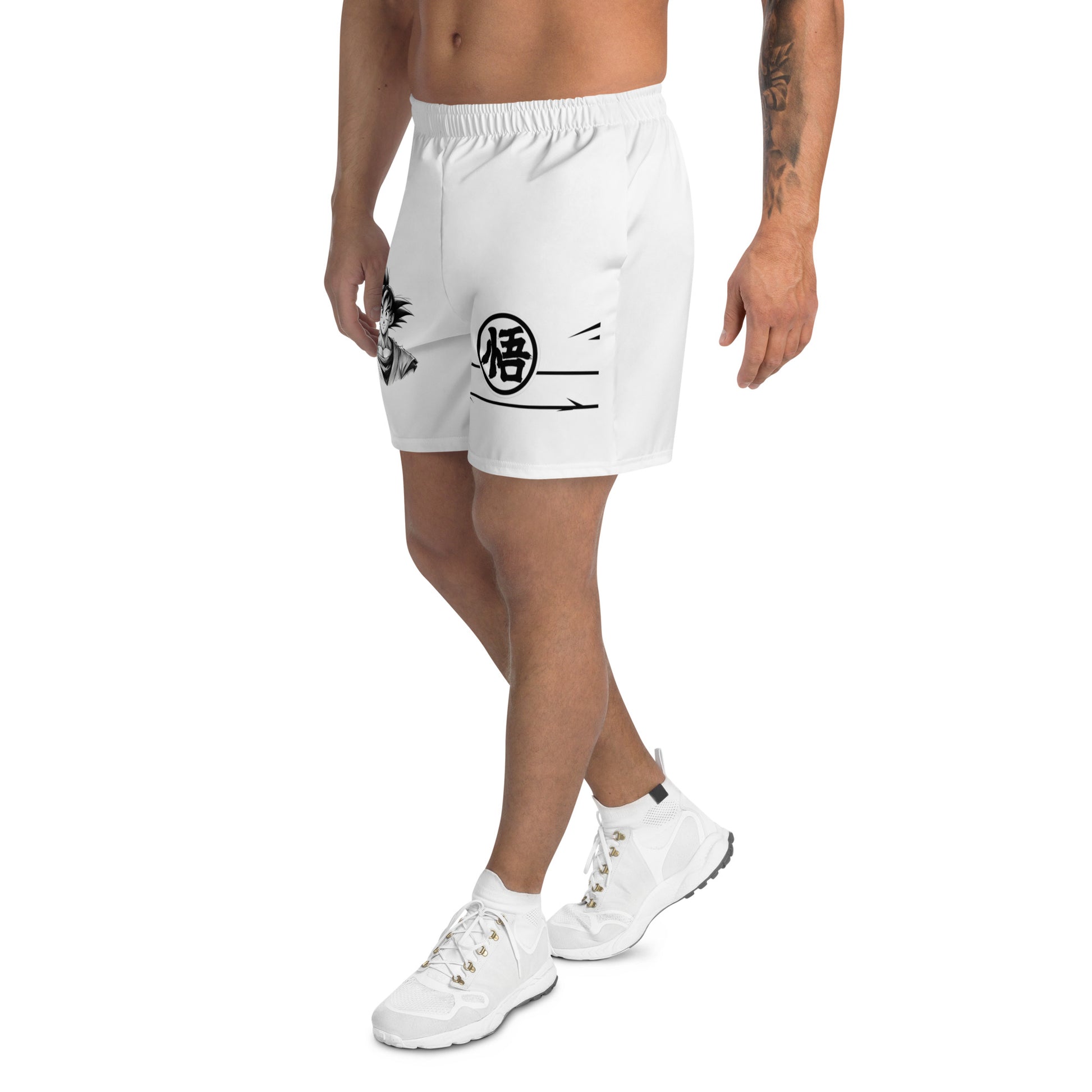 Goku Sign Athletic Shorts worn in a lifestyle context, perfect for running, gym sessions, or any active day out. Left Side 