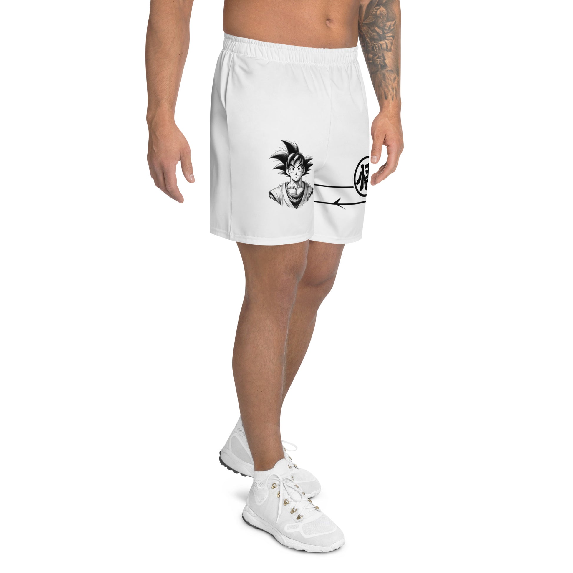 Goku Sign Athletic Shorts worn in a lifestyle context, perfect for running, gym sessions, or any active day out. Right Side