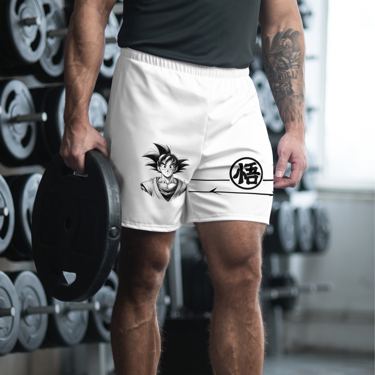 Goku Sign Athletic Shorts worn in a lifestyle context, perfect for running, gym sessions, or any active day out.