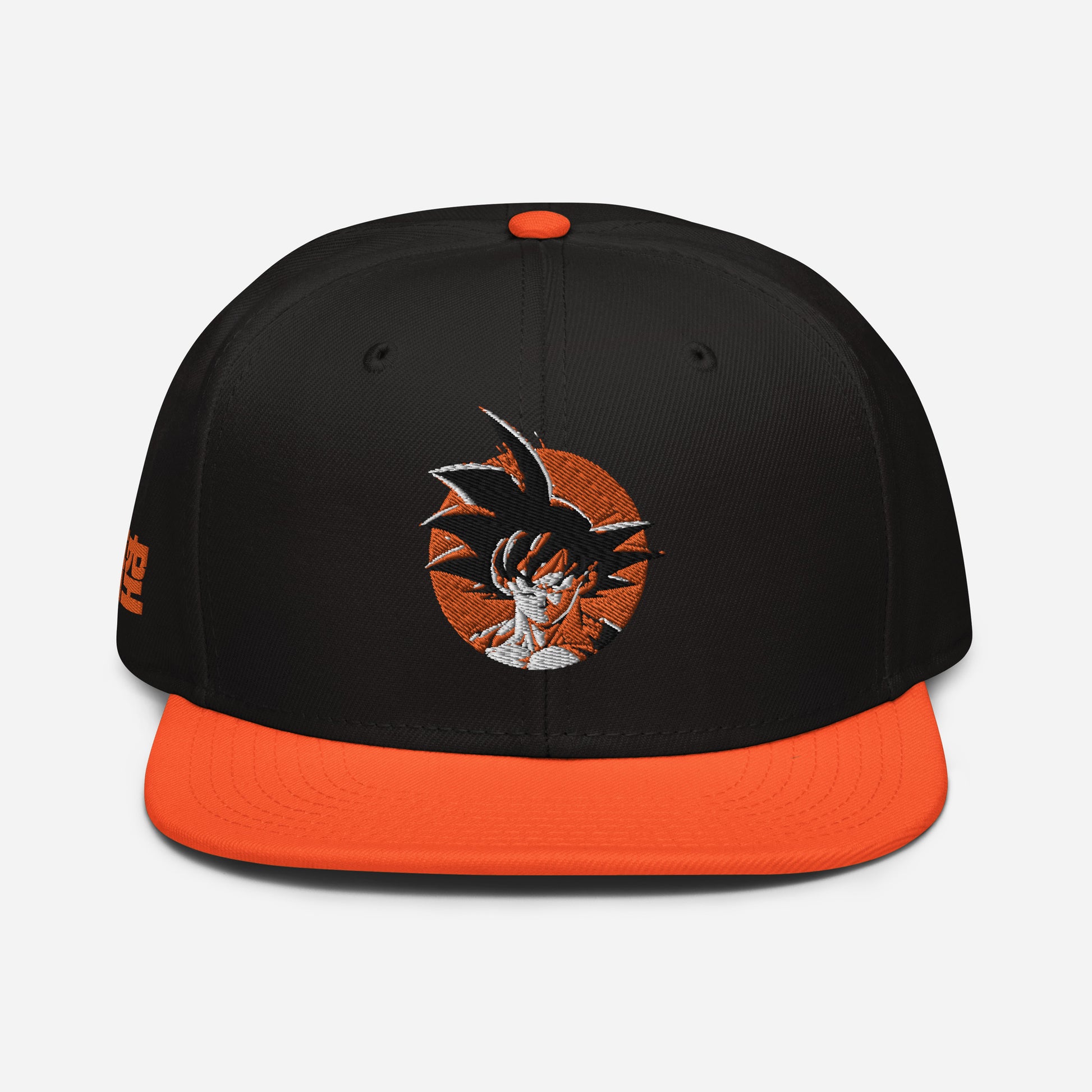 Front view of Goku Snapback Hat showing structured high-profile design, flat visor, and grey under visor for a modern look.