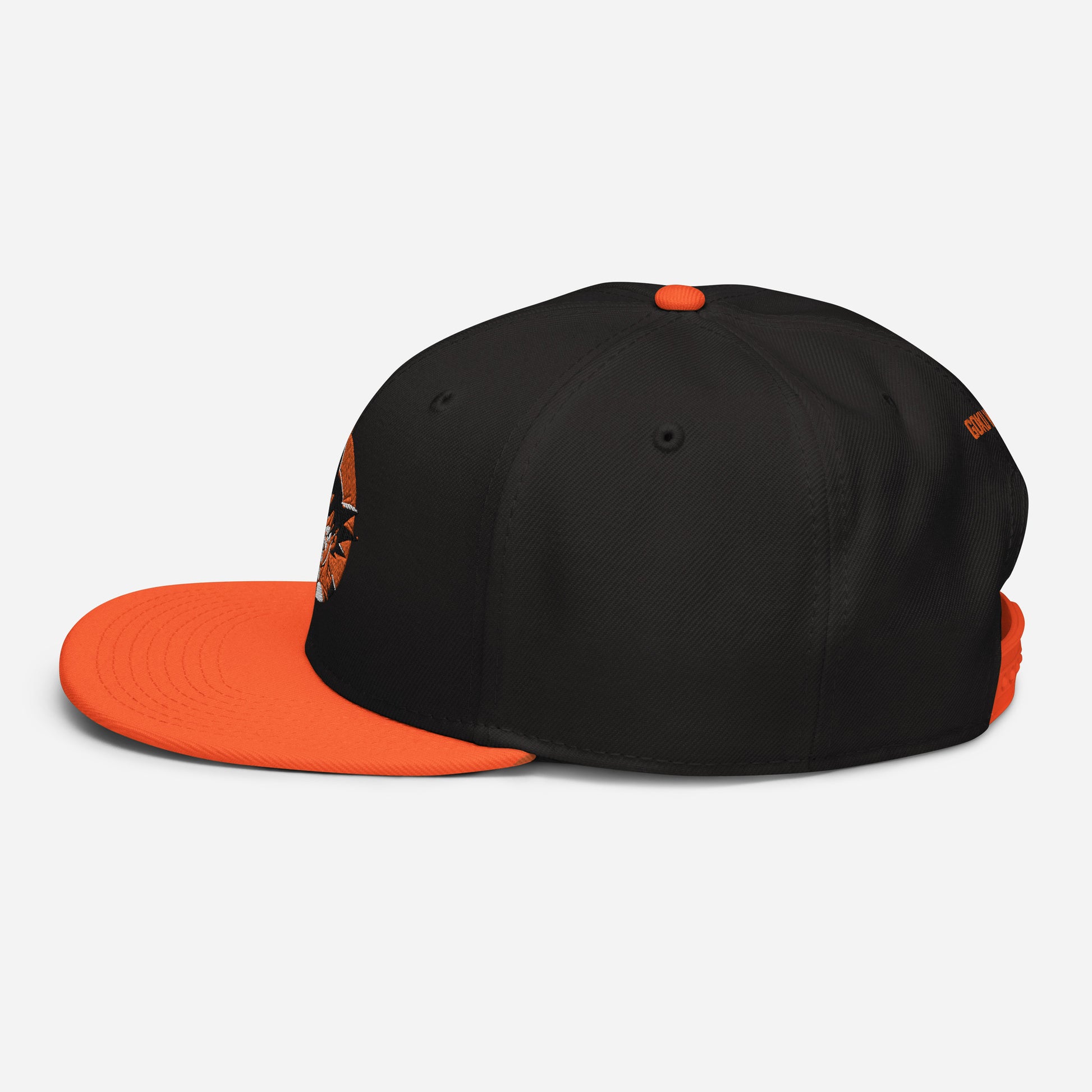 Left Side view of Goku Snapback Hat showcasing the detailed structure and adjustable plastic snap closure.