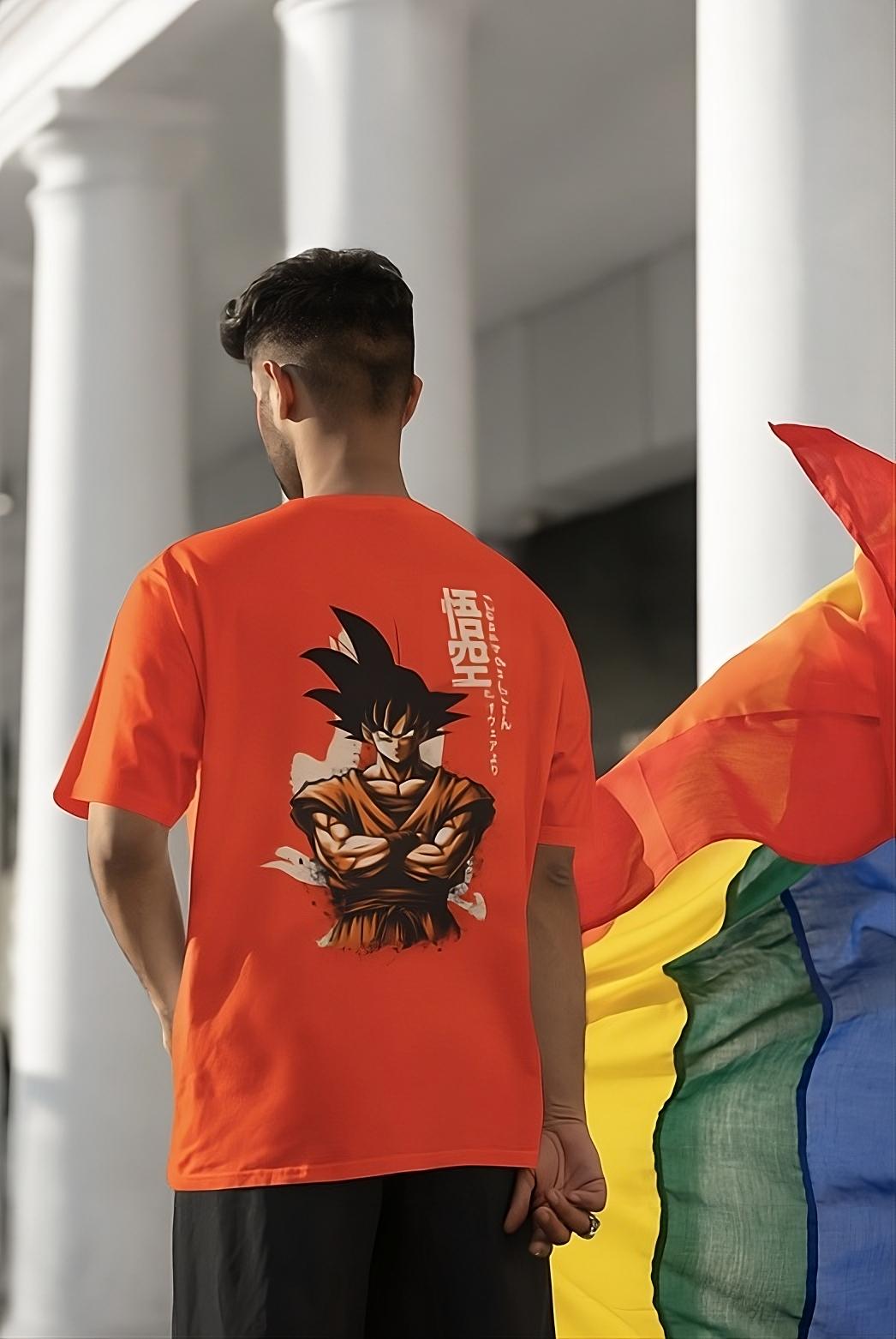 Back side of Model wearing the Goku Themed Orange T-Shirt in an outdoor setting, exuding confidence and anime fandom style.