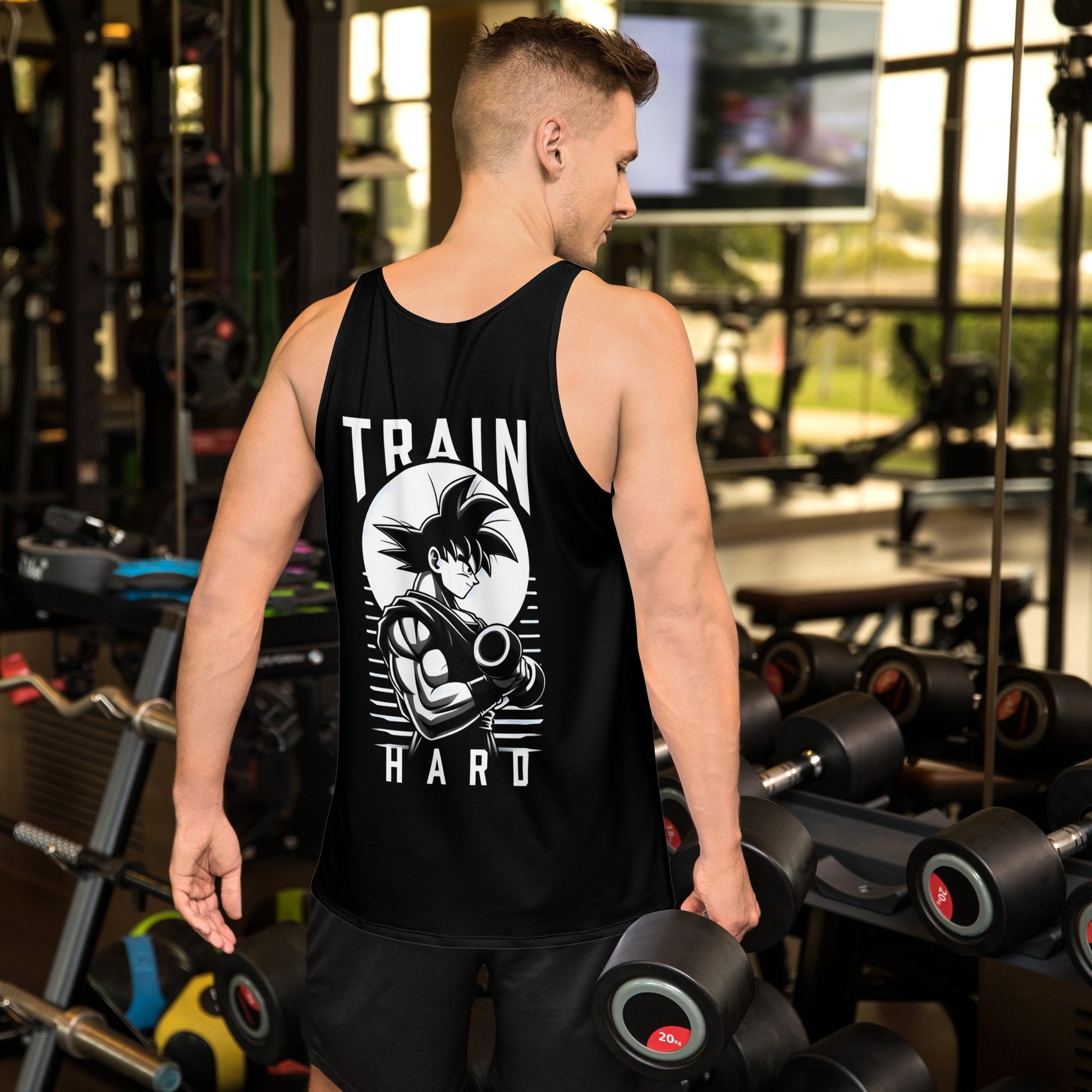 Man wearing Goku Train Hard Tank Top during a workout, showcasing sleek black design and stretch fabric. Back pose