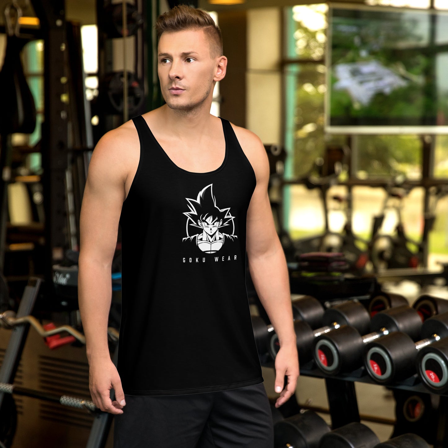 Man wearing Goku Train Hard Tank Top during a workout, showcasing sleek black design and stretch fabric. Front Pose 