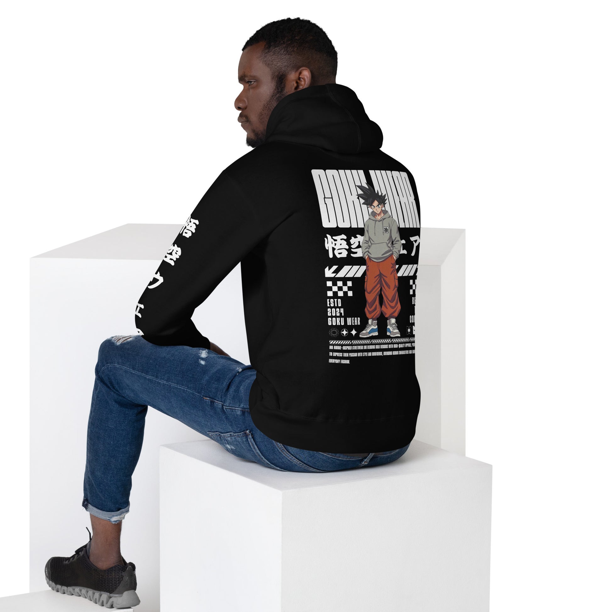 Model wearing the Goku Wear Black Hoodie in an urban setting, highlighting its anime-inspired streetwear style. Back Preview 