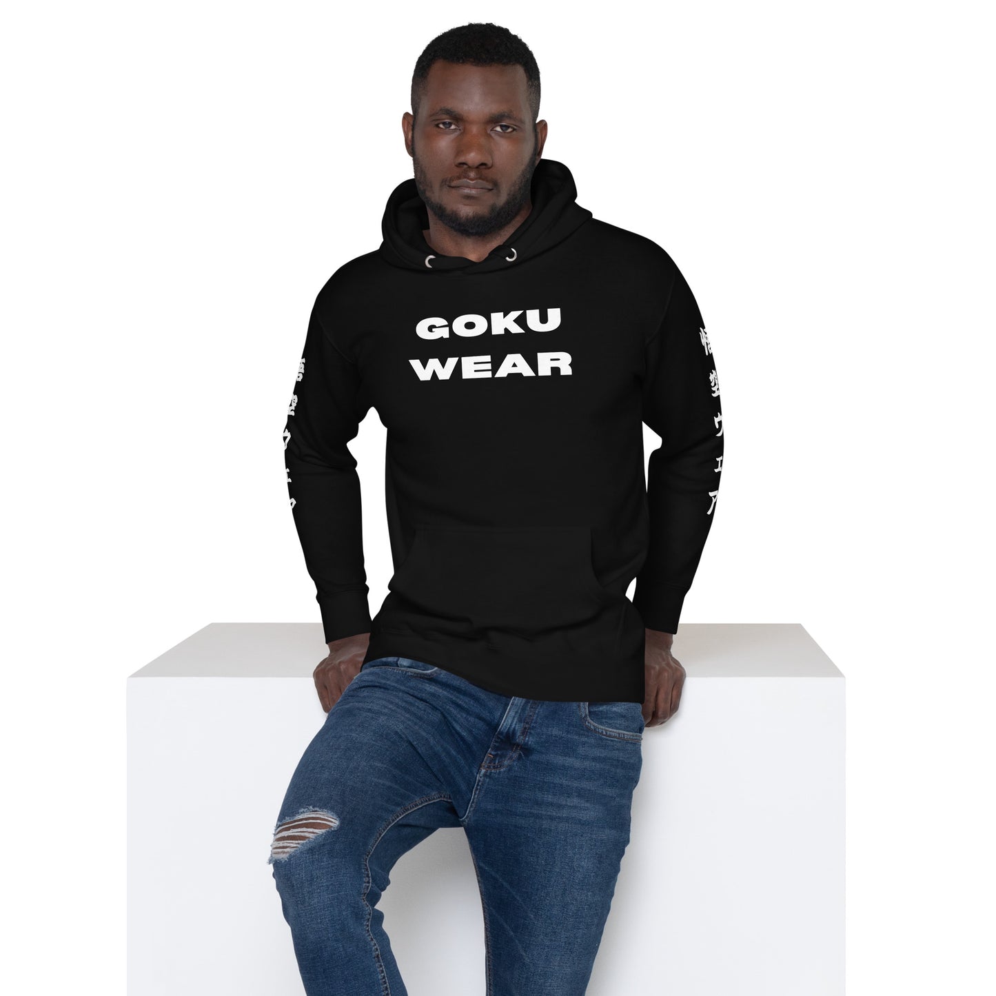 Model wearing the Goku Wear Black Hoodie in an urban setting, highlighting its anime-inspired streetwear style.Front Preview 