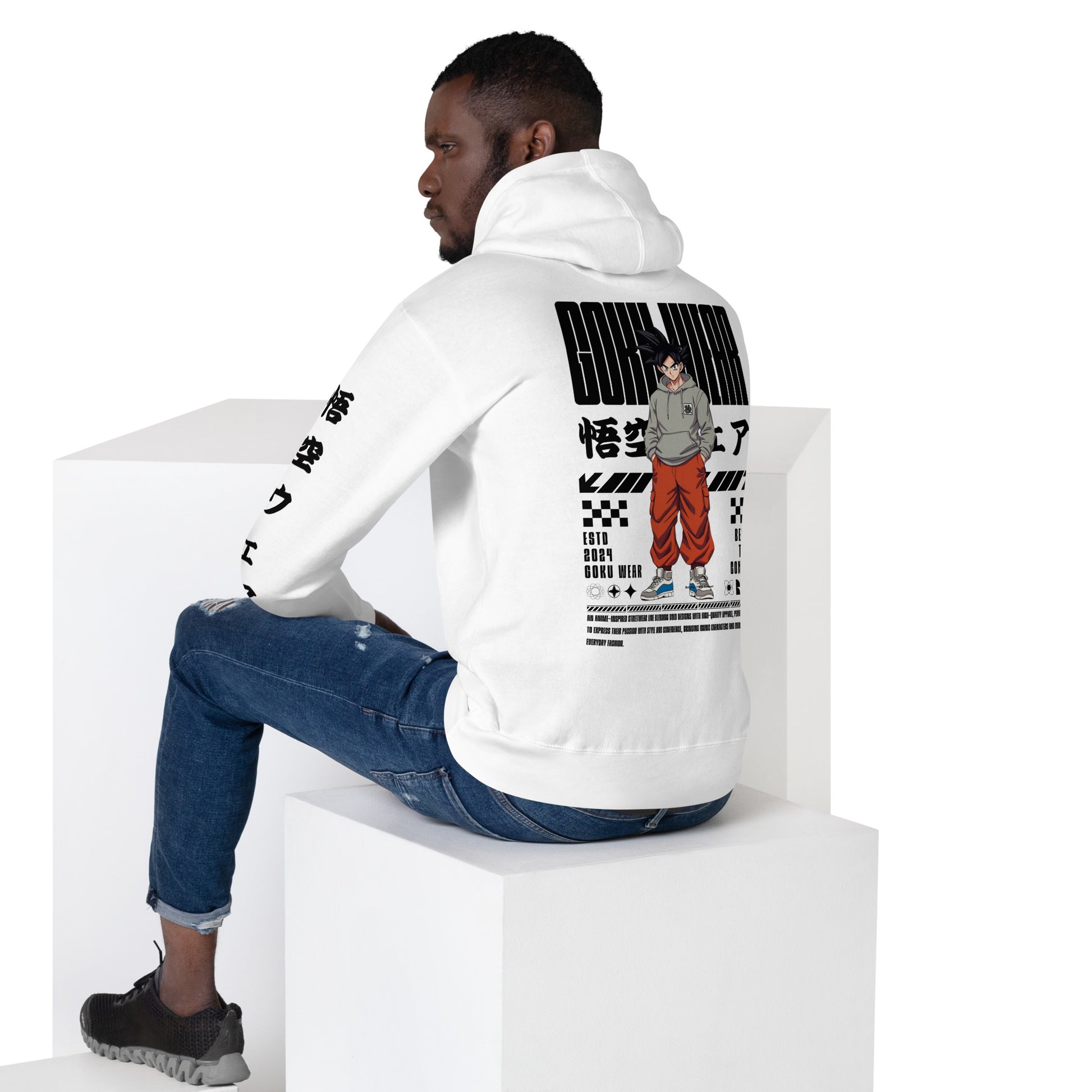 Model wearing the Goku Wear White Hoodie in an urban setting, showing off back side and its style and comfort for any occasion.