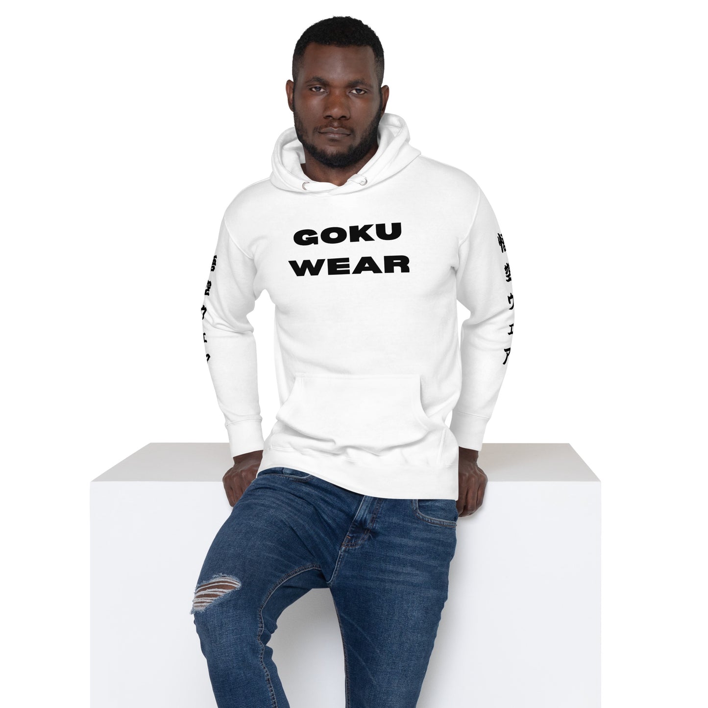 Model wearing the Goku Wear White Hoodie in an urban setting, showing off front side and its style and comfort for any occasion.
