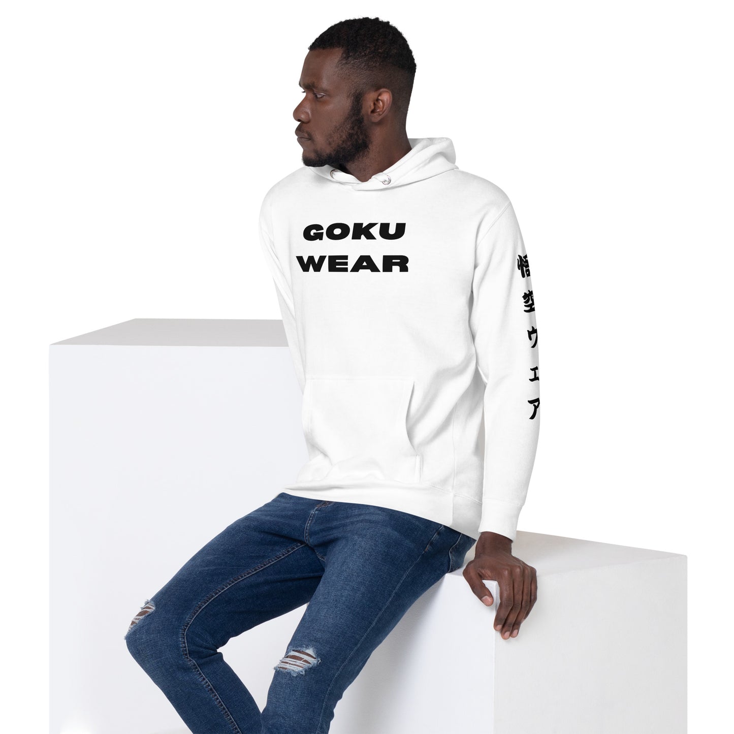 Model wearing the Goku Wear White Hoodie in an urban setting, showing off its style and comfort for any occasion. Side Angle 