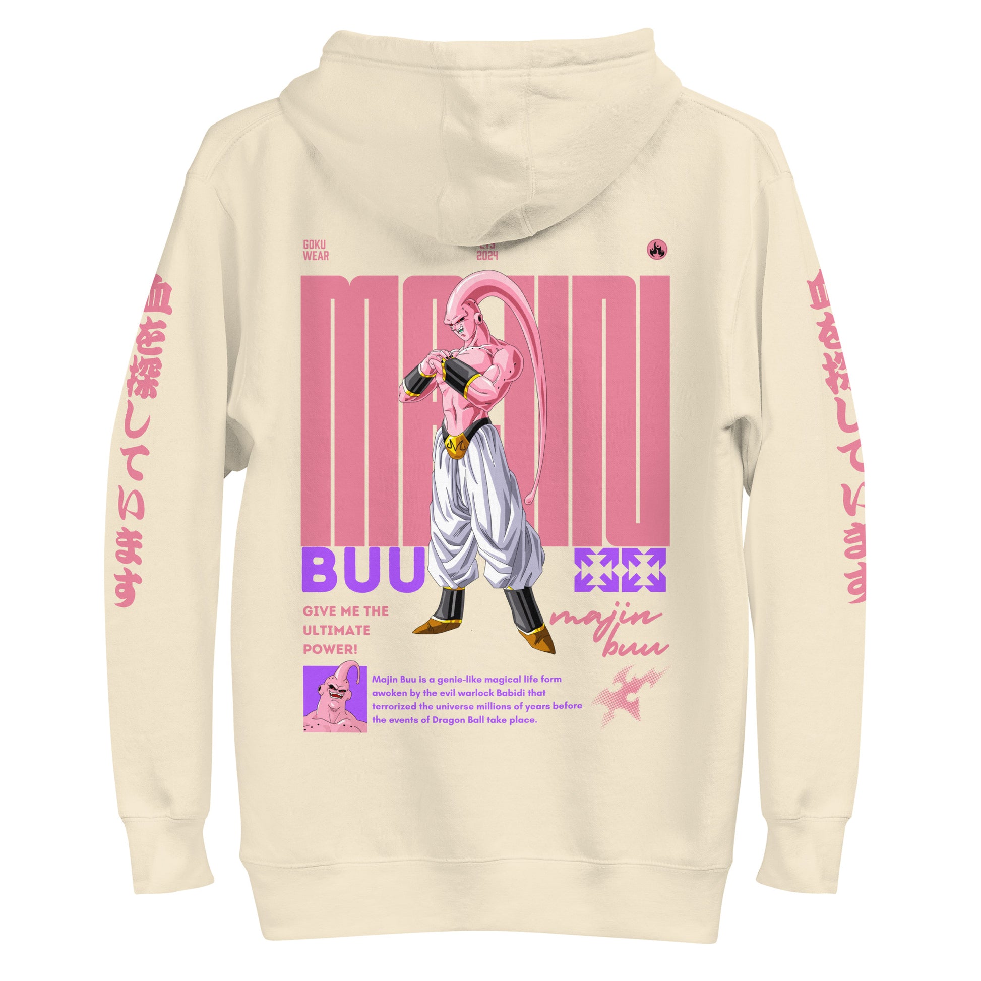 Back view of Majin Buu Hoodie with matching flat drawstrings and self-fabric patch.