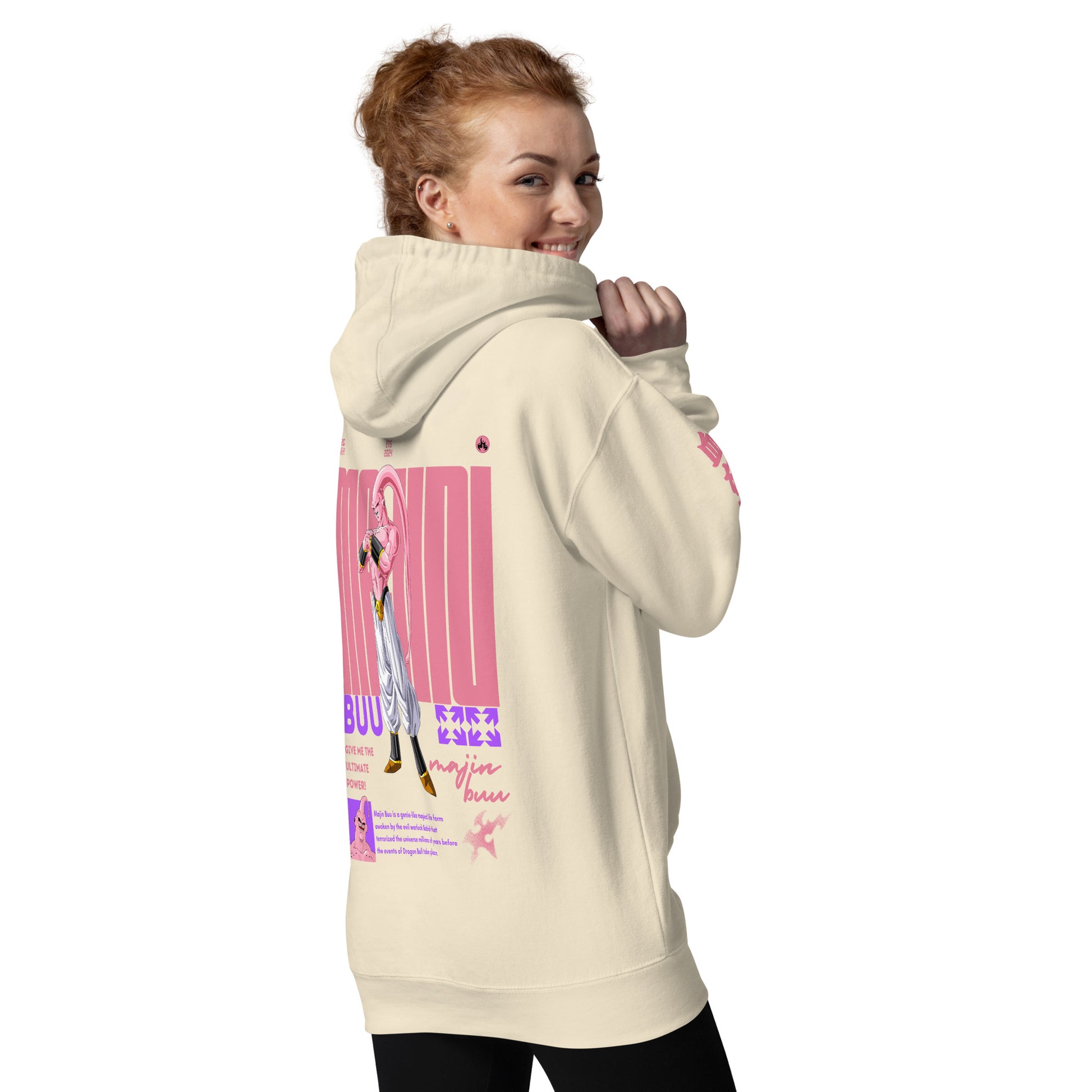 Girl wearing the Majin Buu Hoodie, showcasing its anime streetwear style. Showing back side to the camera.