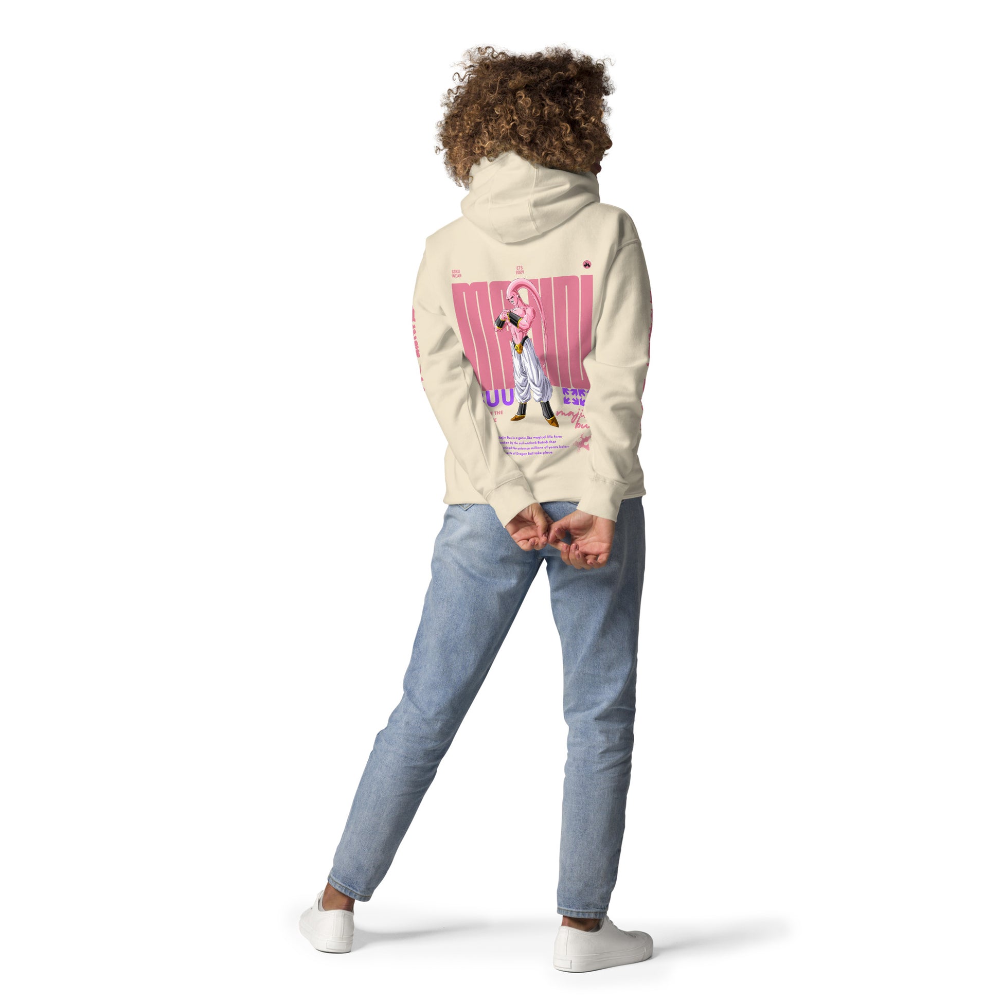 Gril wearing the Majin Buu Hoodie, showcasing its anime streetwear style. Showing back side to the camera.