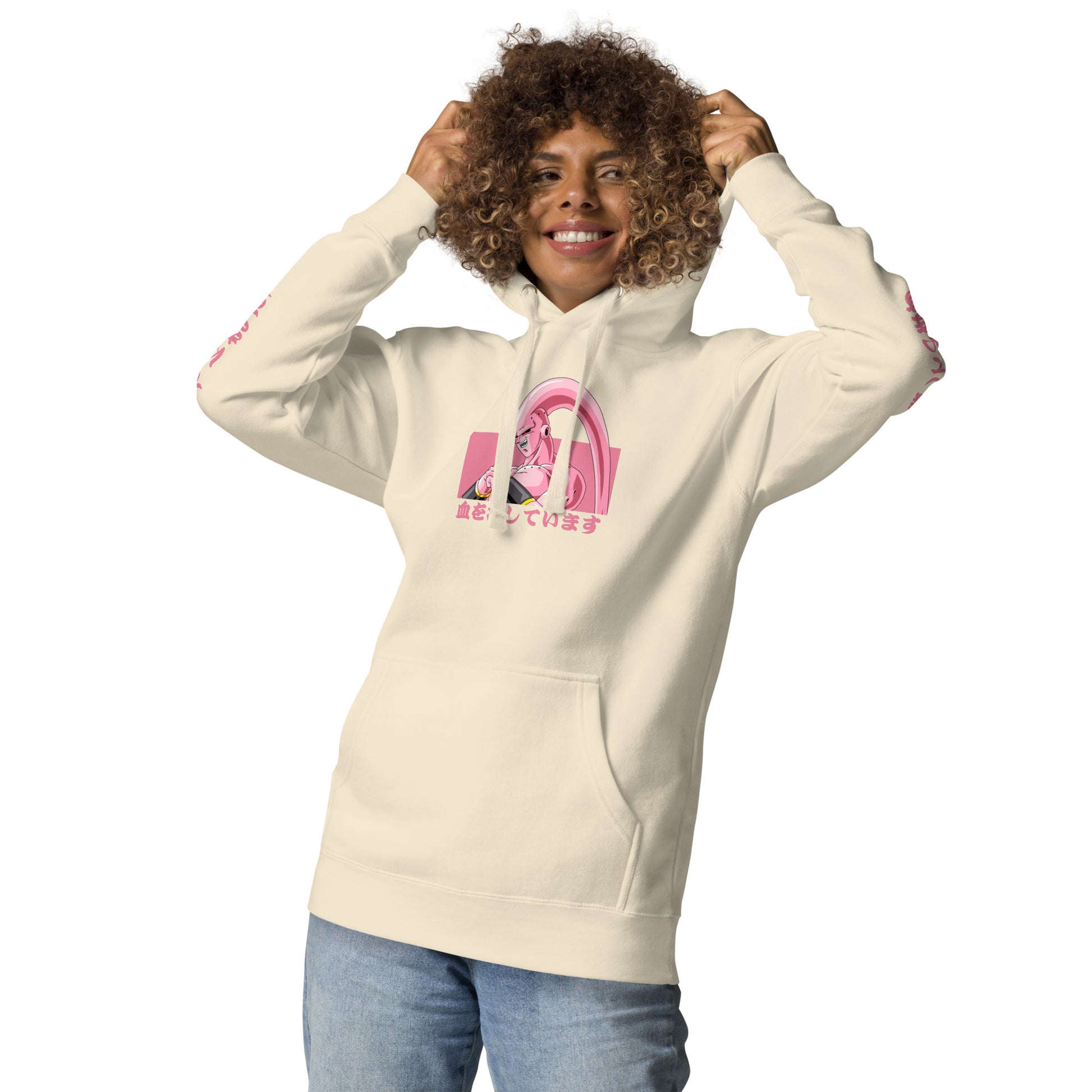 Gril wearing the Majin Buu Hoodie, showcasing its anime streetwear style.