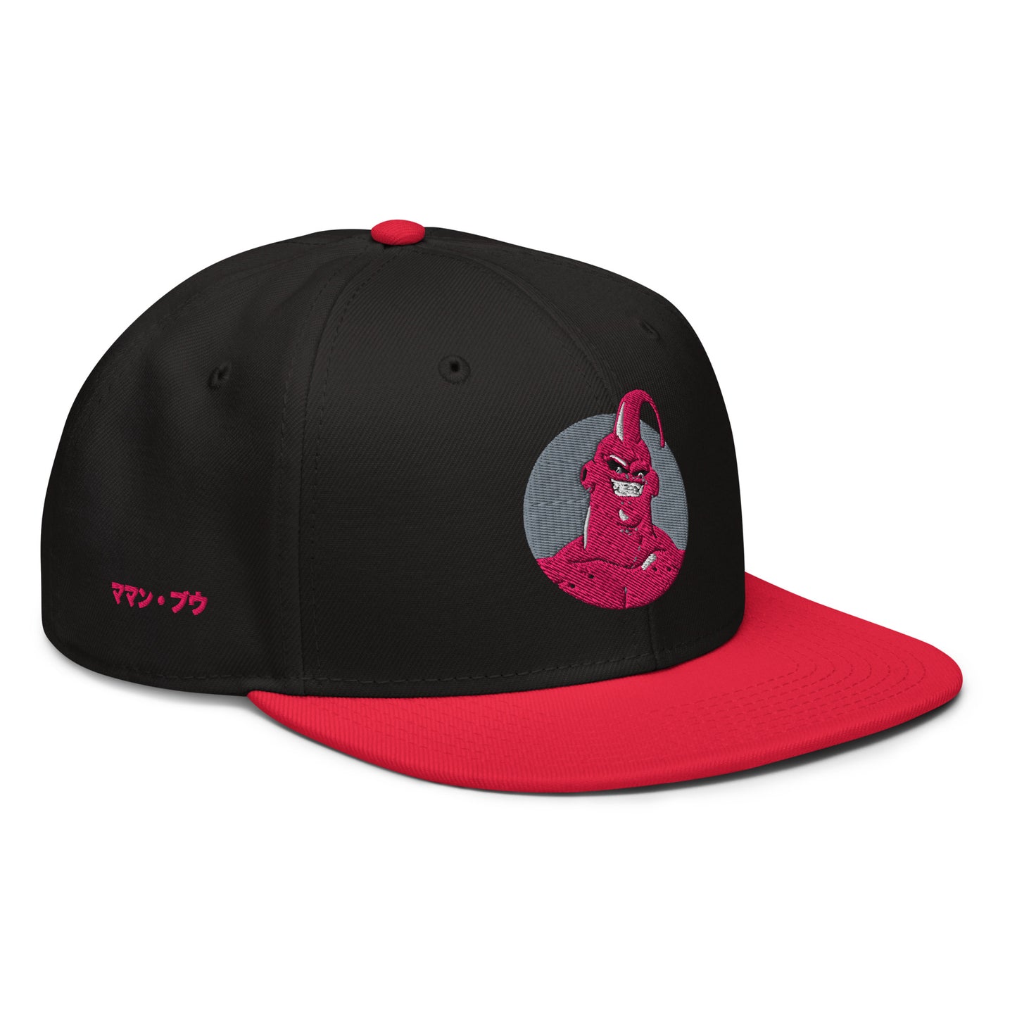 Majin Buu Snapback Hat featuring a high-profile structured design with a flat visor.  Right side view